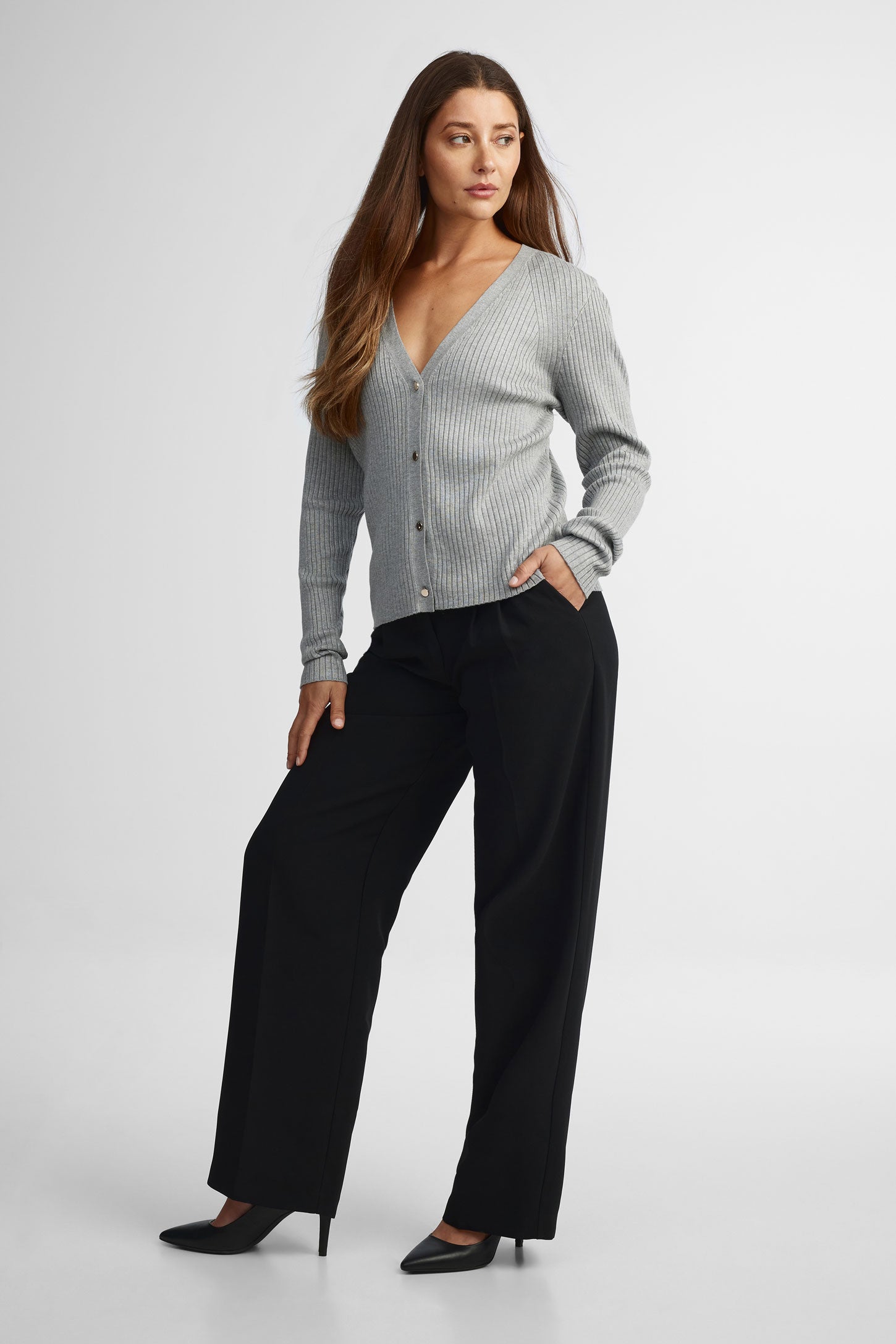 Cardigan col en V tricot - Femme && GRIS MULTI