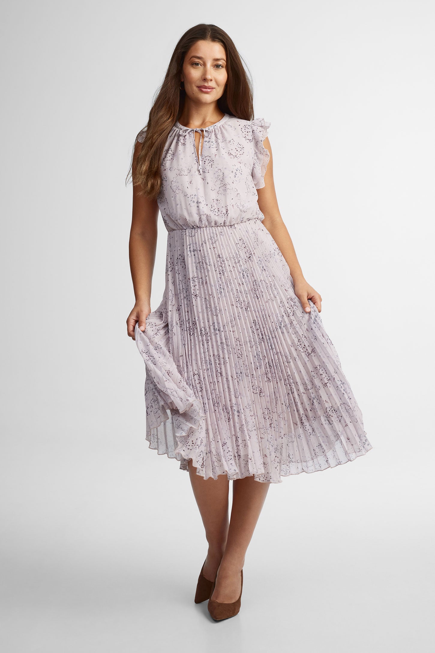 Robe longue à col rond en chiffon - Femme && MAUVE/MULTI