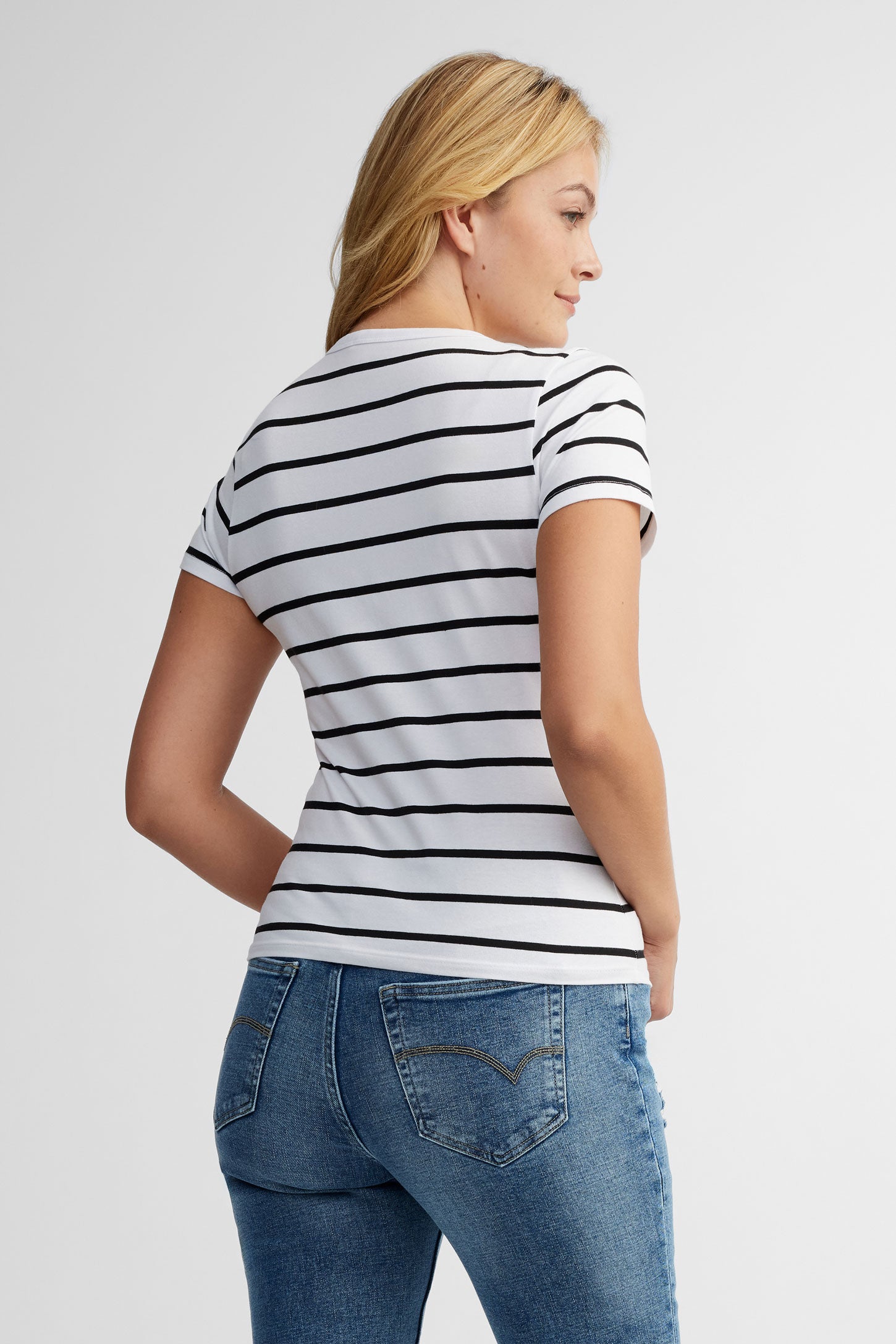 T-shirt col en V rayé coton - Femme && BLANC MULTI