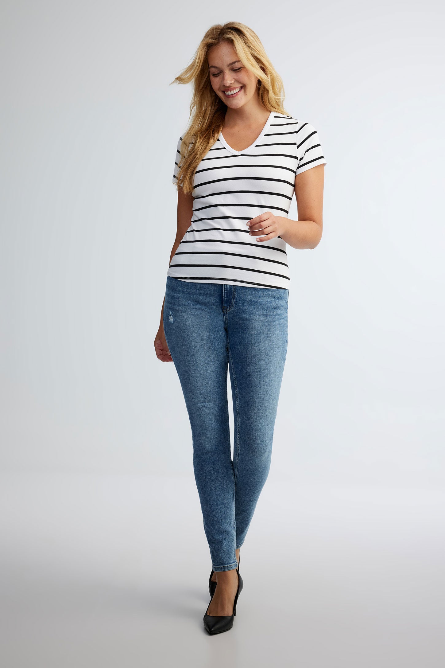T-shirt col en V rayé coton - Femme && BLANC MULTI