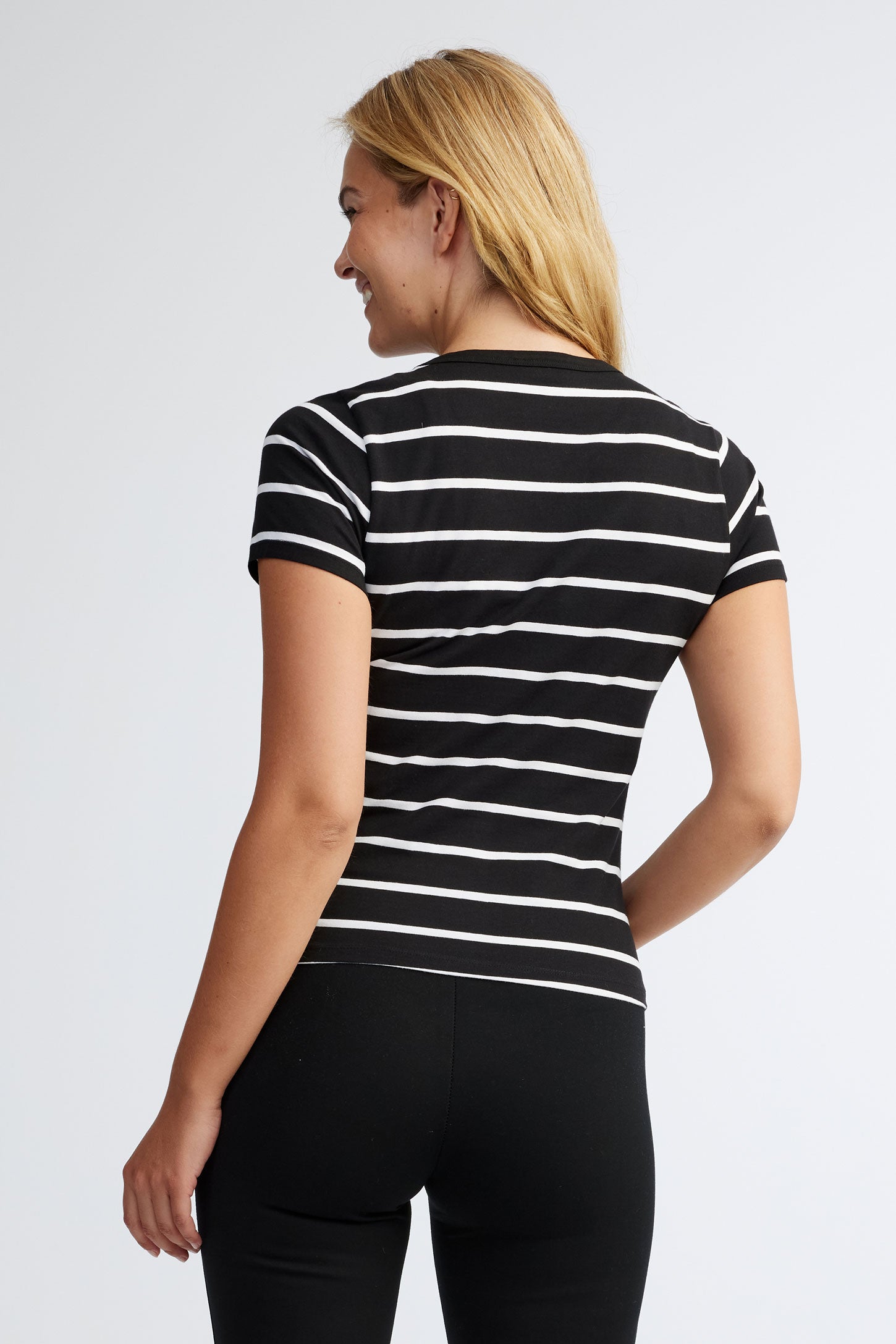 T-shirt col en V rayé coton - Femme && NOIR/MULTI