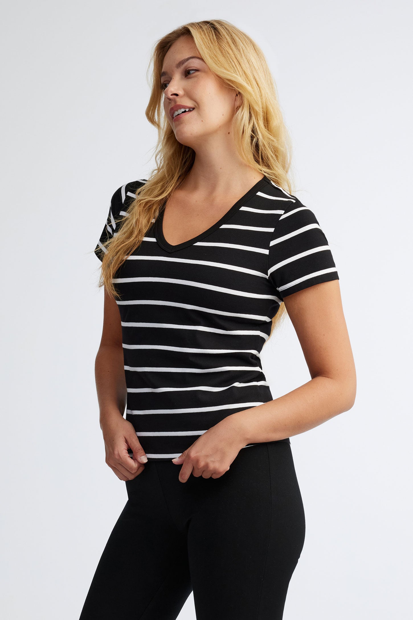 T-shirt col en V rayé coton - Femme && NOIR/MULTI