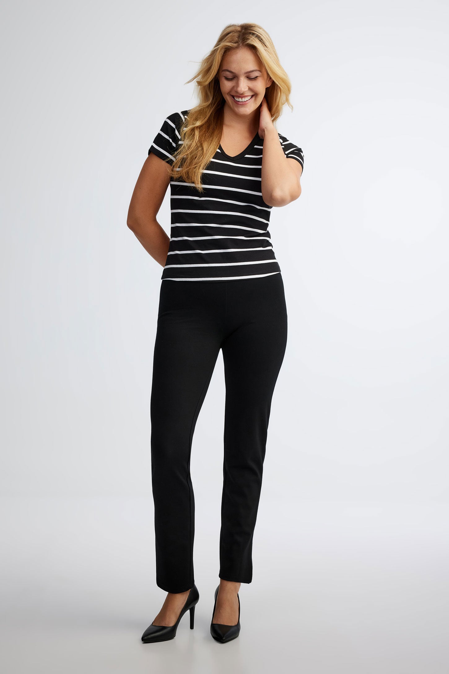T-shirt col en V rayé coton - Femme && NOIR/MULTI