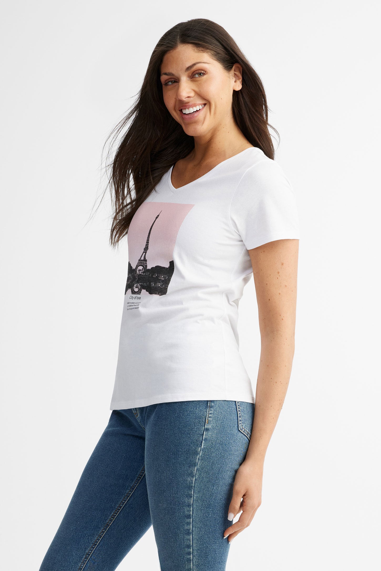 T-shirt col en V coton, 2/30$ - Femme && BLANC