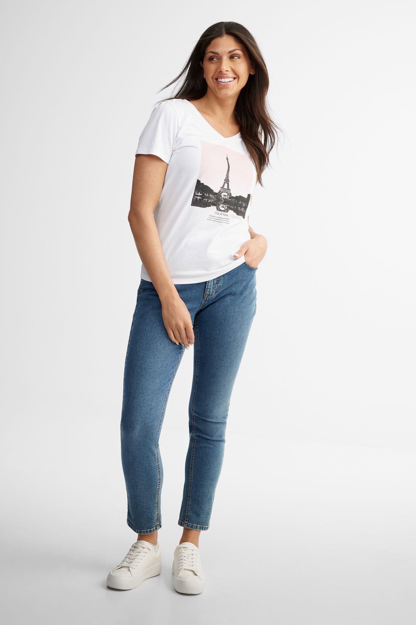 T-shirt col en V coton, 2/30$ - Femme && BLANC