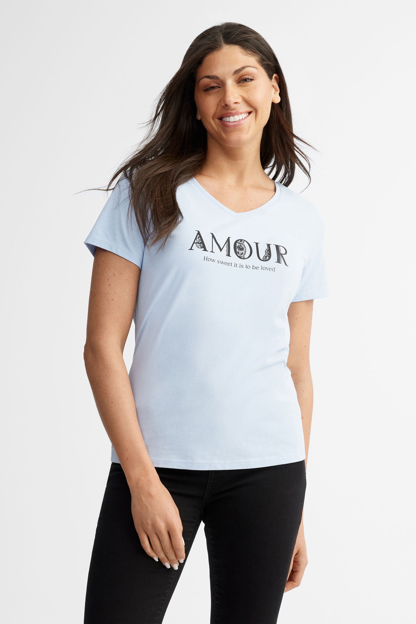 T-shirt col en V coton, 2/30$ - Femme && BLEU PALE
