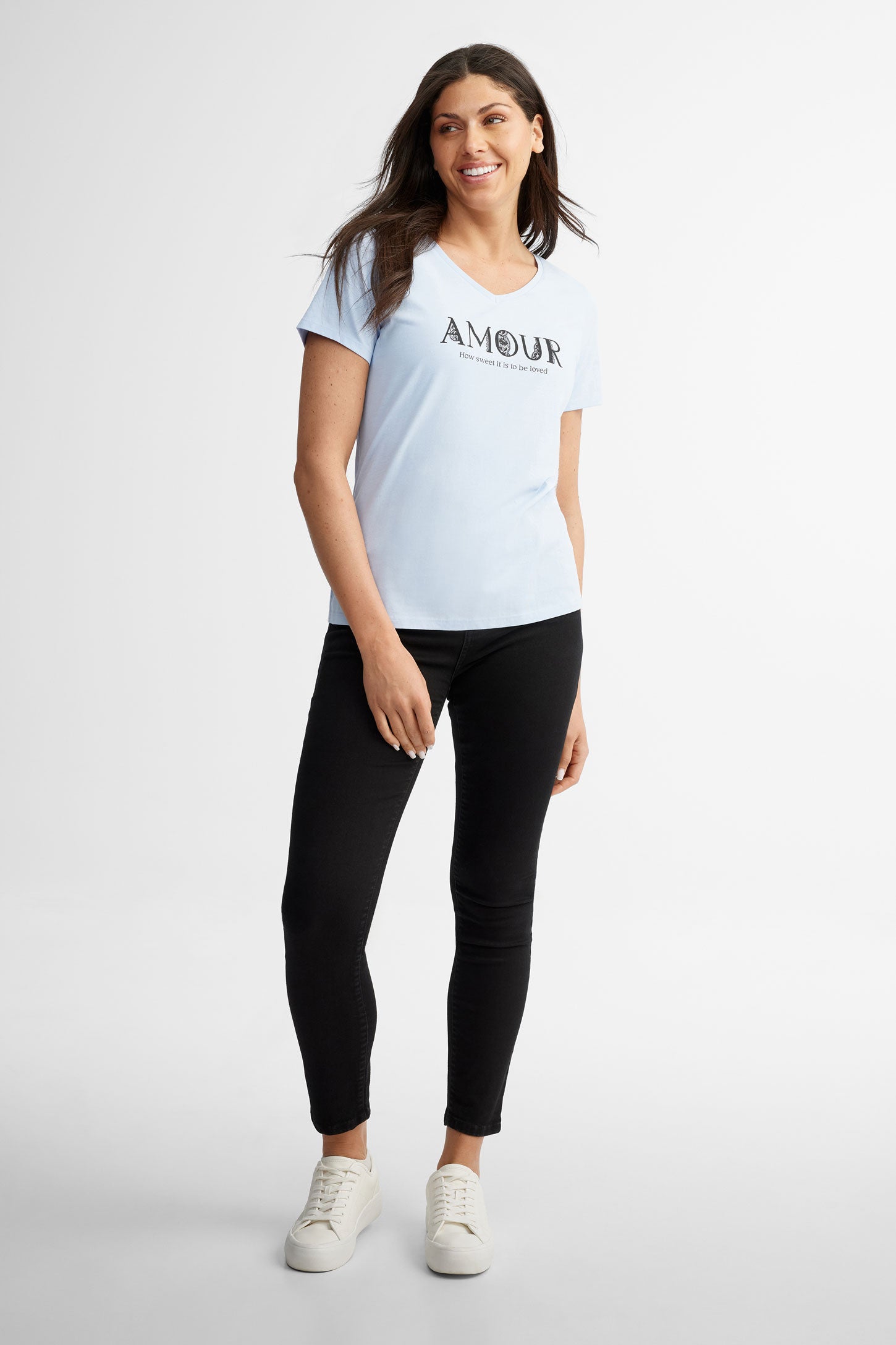 T-shirt col en V coton, 2/30$ - Femme && BLEU PALE