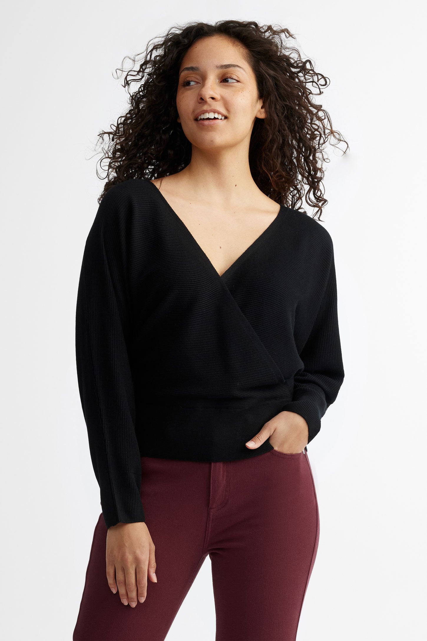 Chandail cache-cœur en tricot - Femme && NOIR