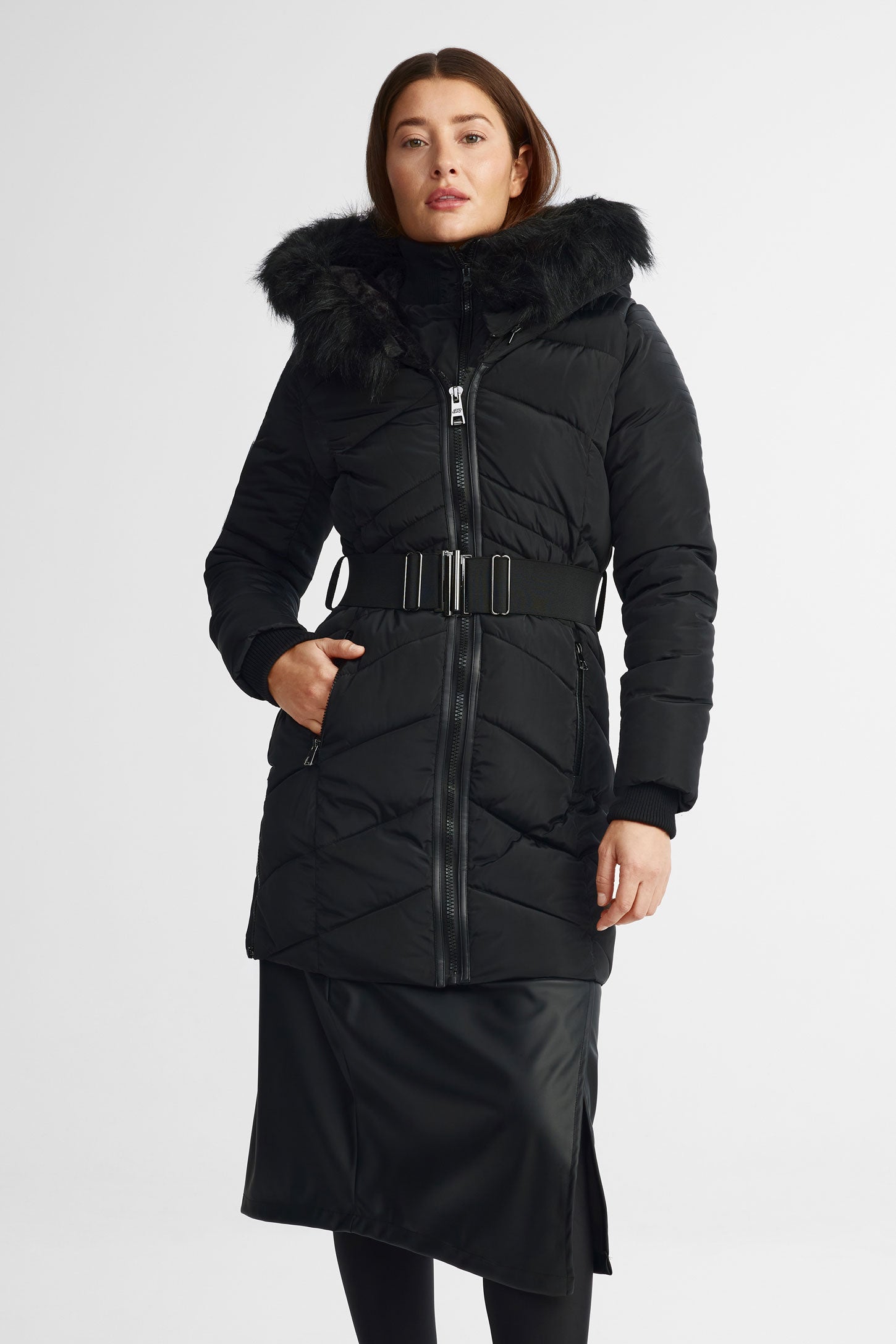 Manteau d'hiver capuchon fourrure - Femme && NOIR