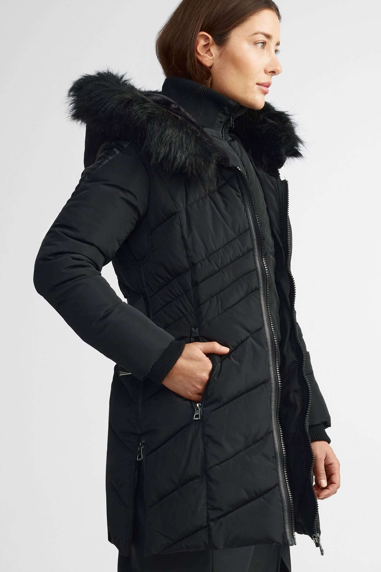 Manteau d'hiver capuchon fourrure - Femme && NOIR