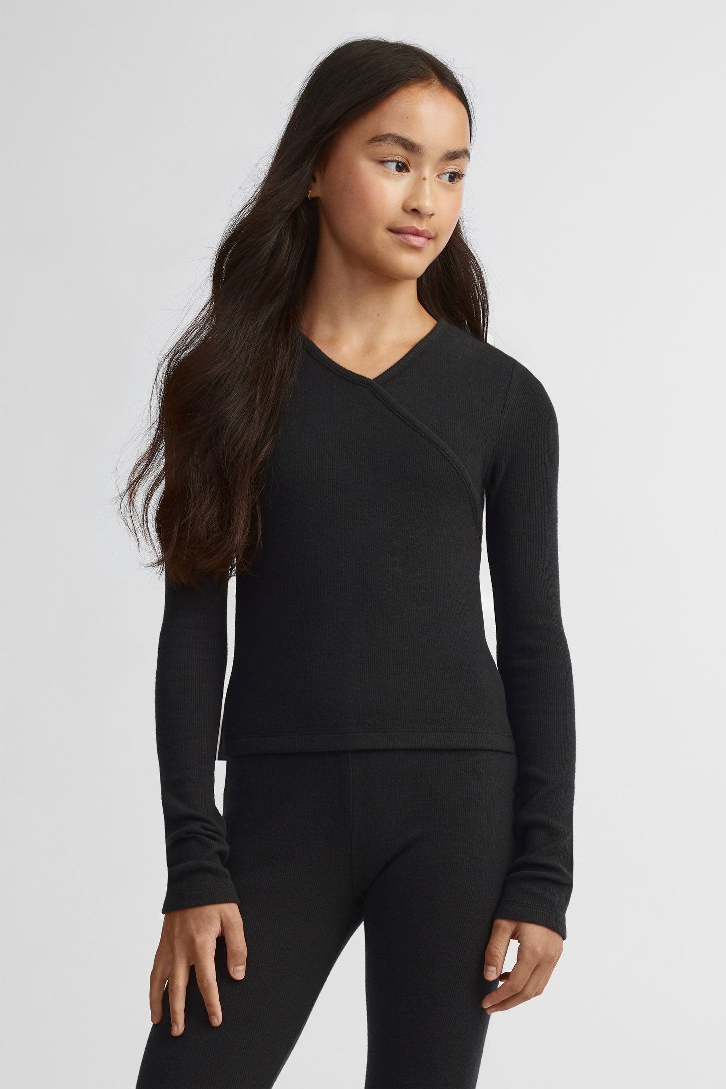 Chandail cache-cœur manches longues côtelé - Ado fille && NOIR