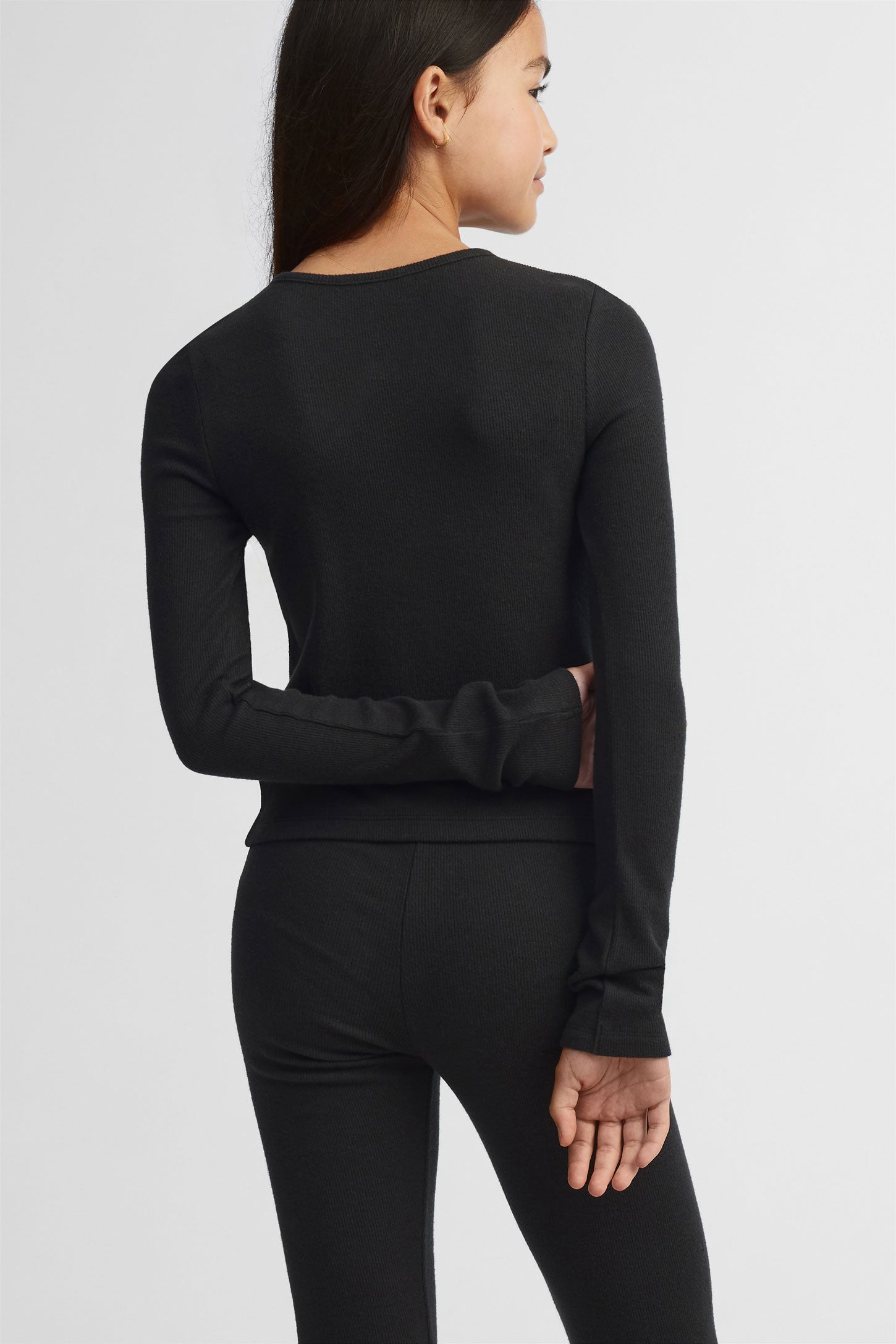 Chandail cache-cœur manches longues côtelé - Ado fille && NOIR