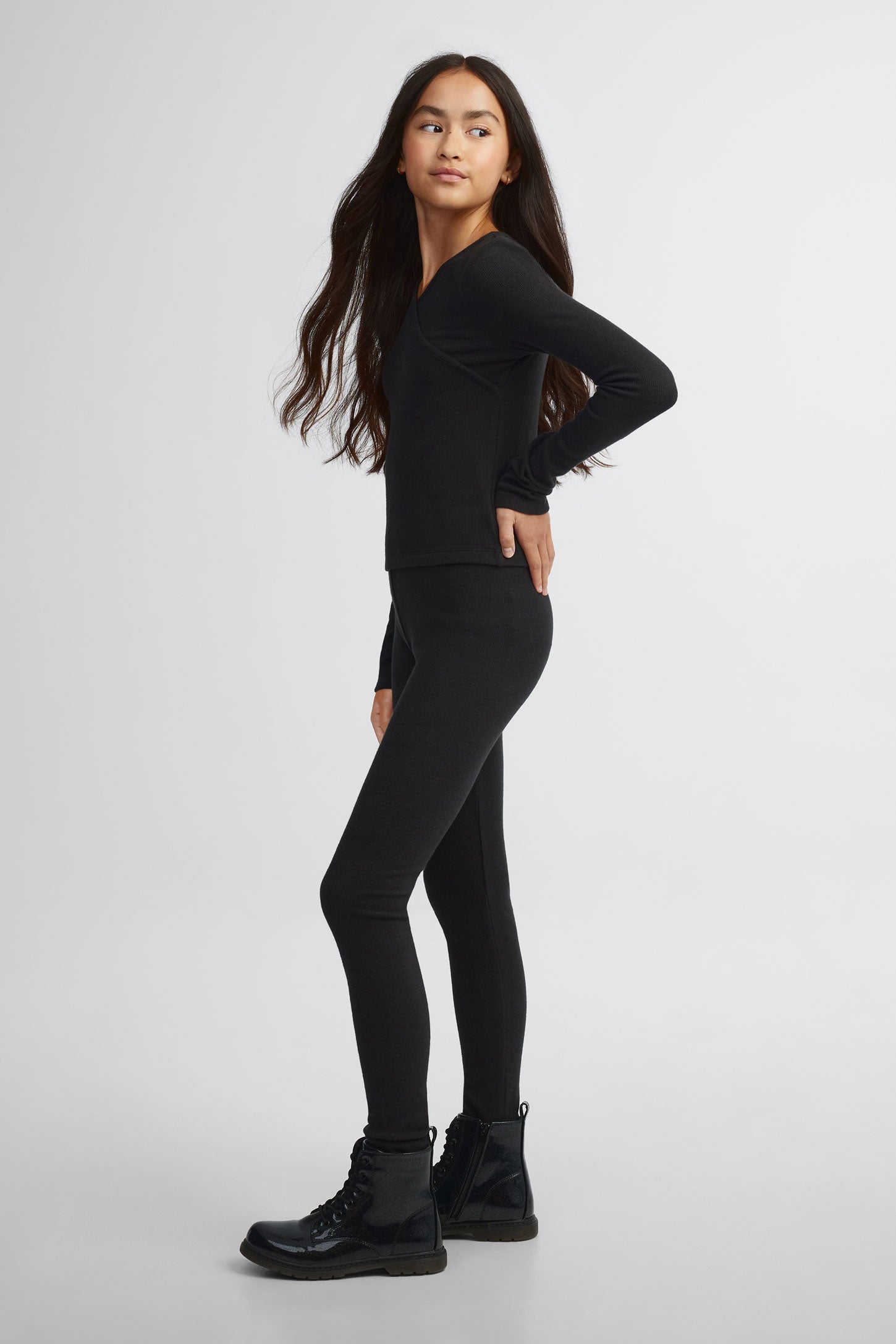 Chandail cache-cœur manches longues côtelé - Ado fille && NOIR