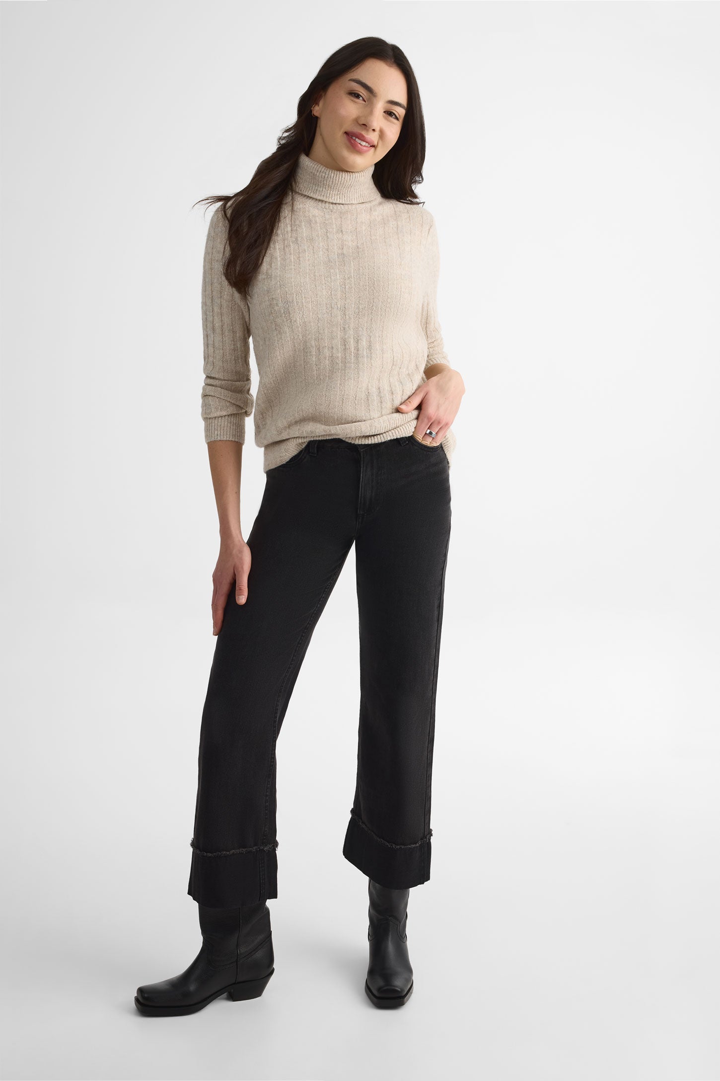 Chandail tricot col roulé – Femme && OATMEAL