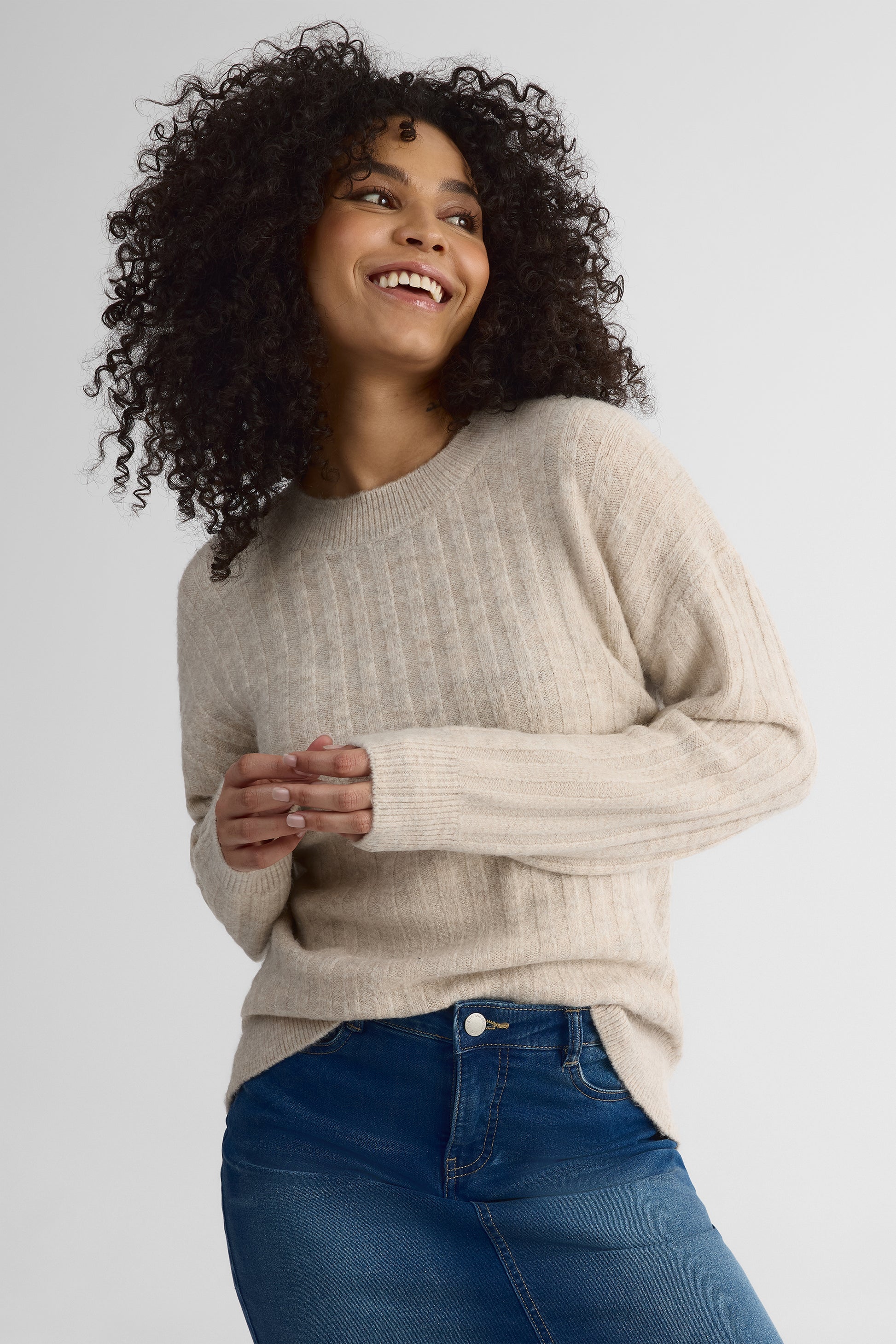 Chandail tricot uni, manches longues – Femme && OATMEAL