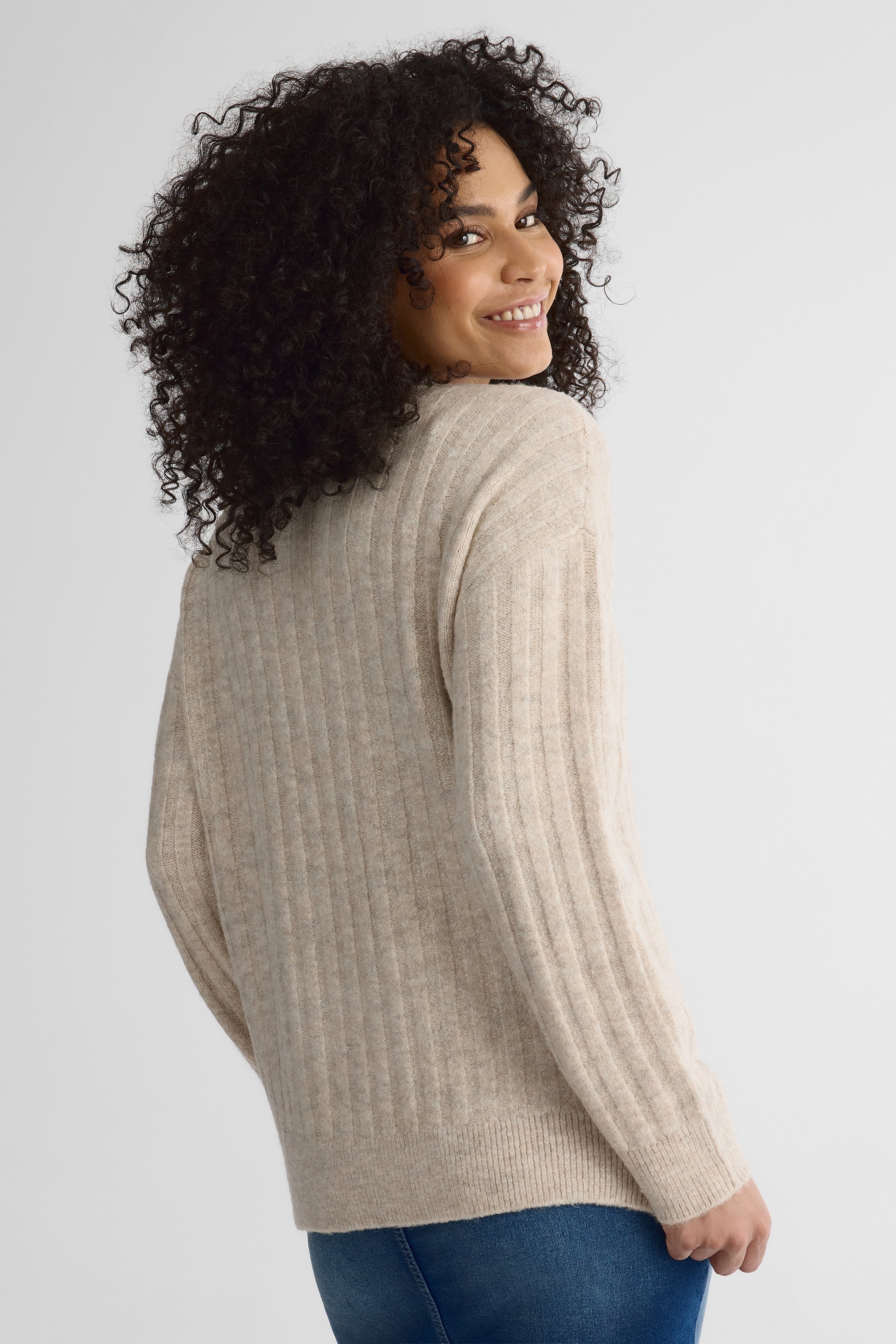 Chandail tricot uni, manches longues – Femme && OATMEAL