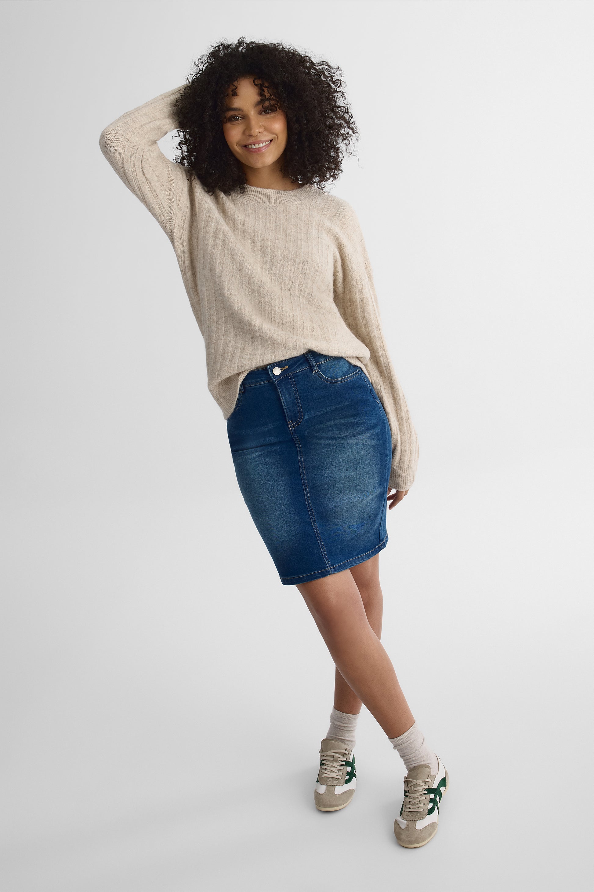 Chandail tricot uni, manches longues – Femme && OATMEAL