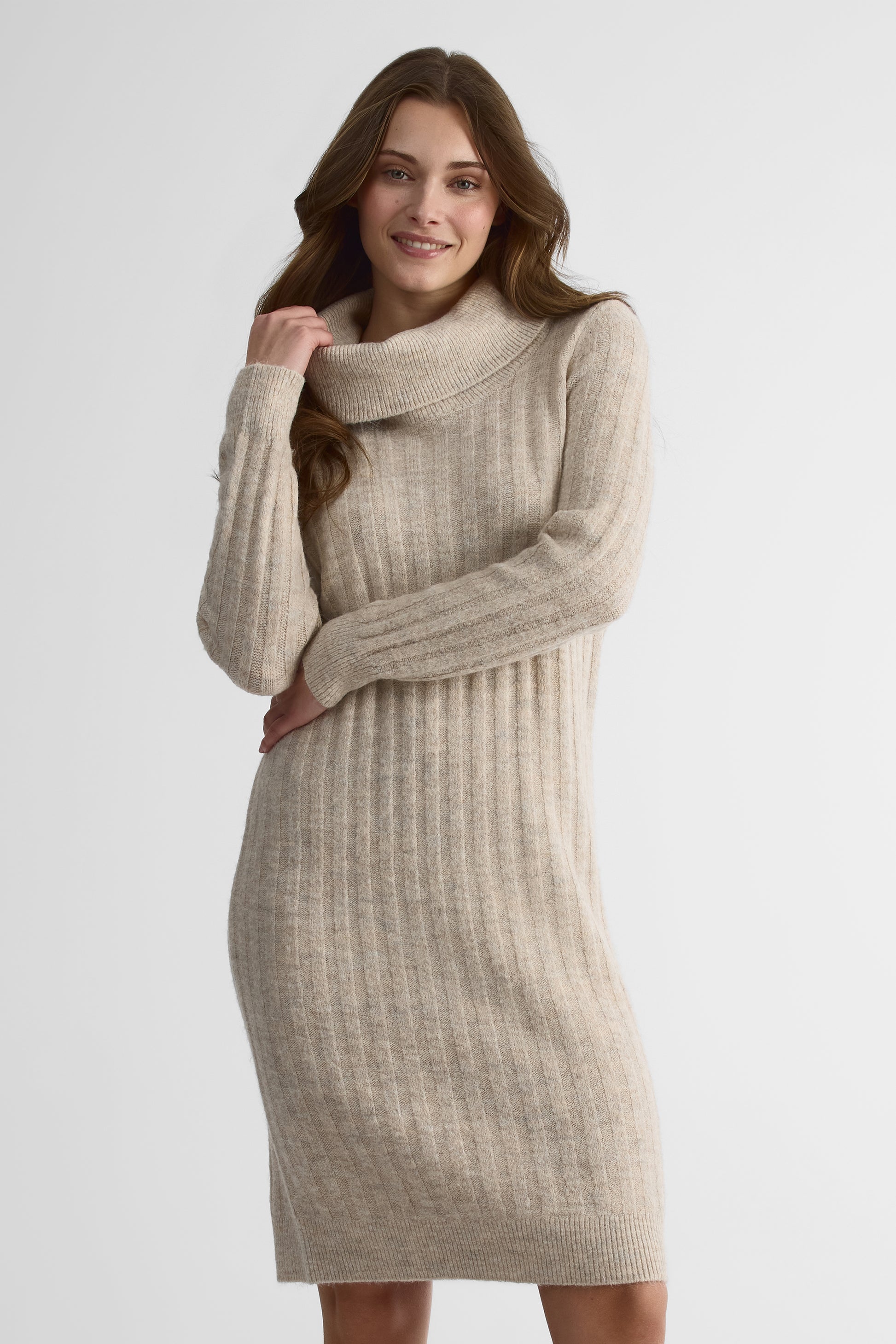 Robe tricot col cowl manches longues - Femme && OATMEAL