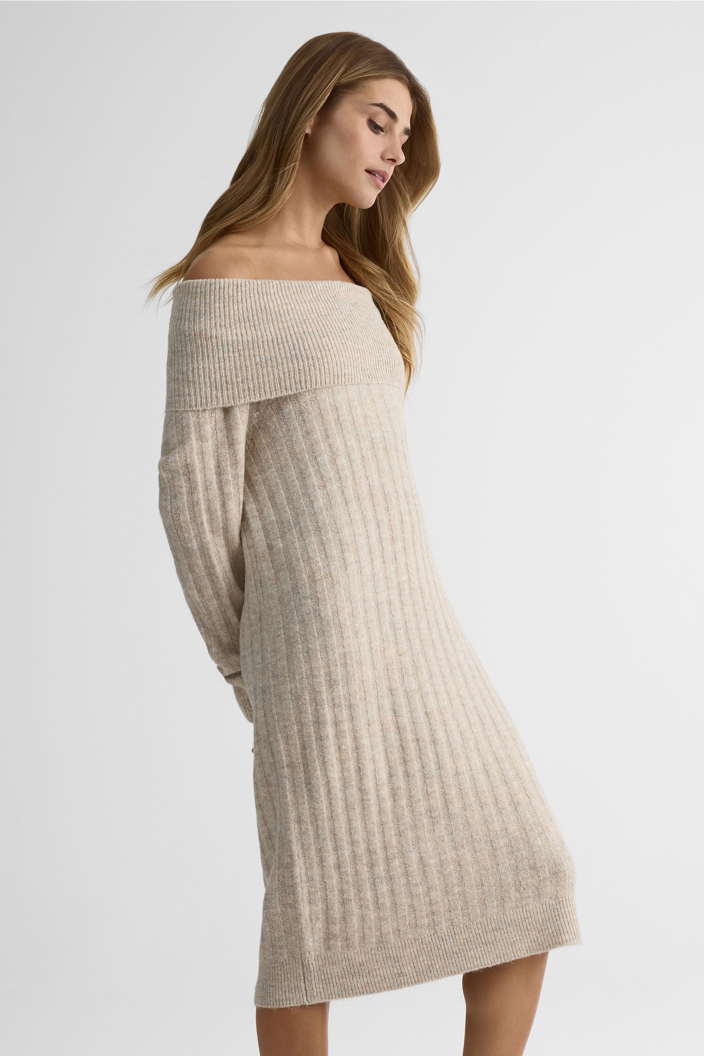 Robe tricot col cowl manches longues - Femme && OATMEAL