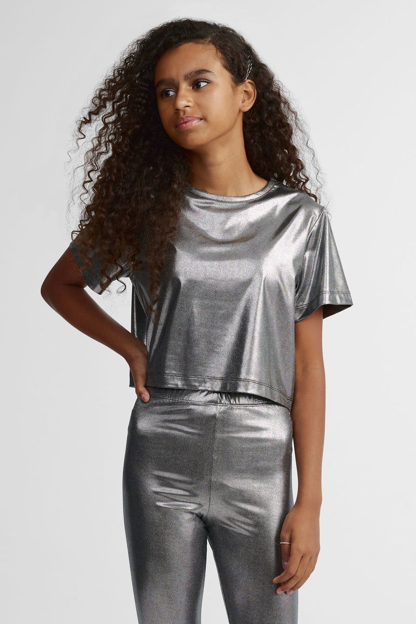 T-shirt col rond métallique - Ado fille && NOIR
