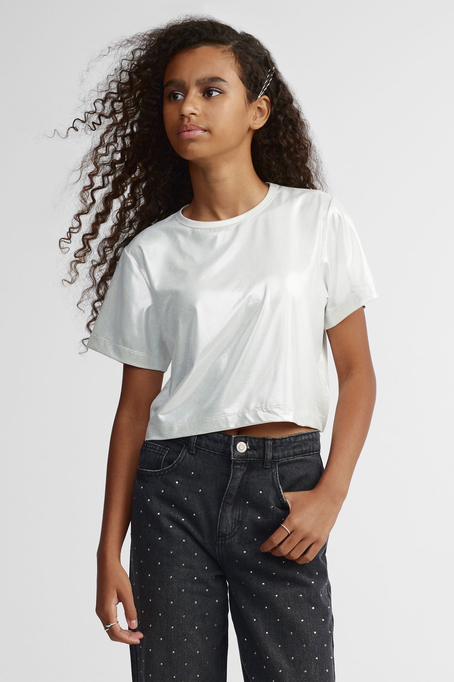 T-shirt col rond métallique - Ado fille && GRIS ARGENT