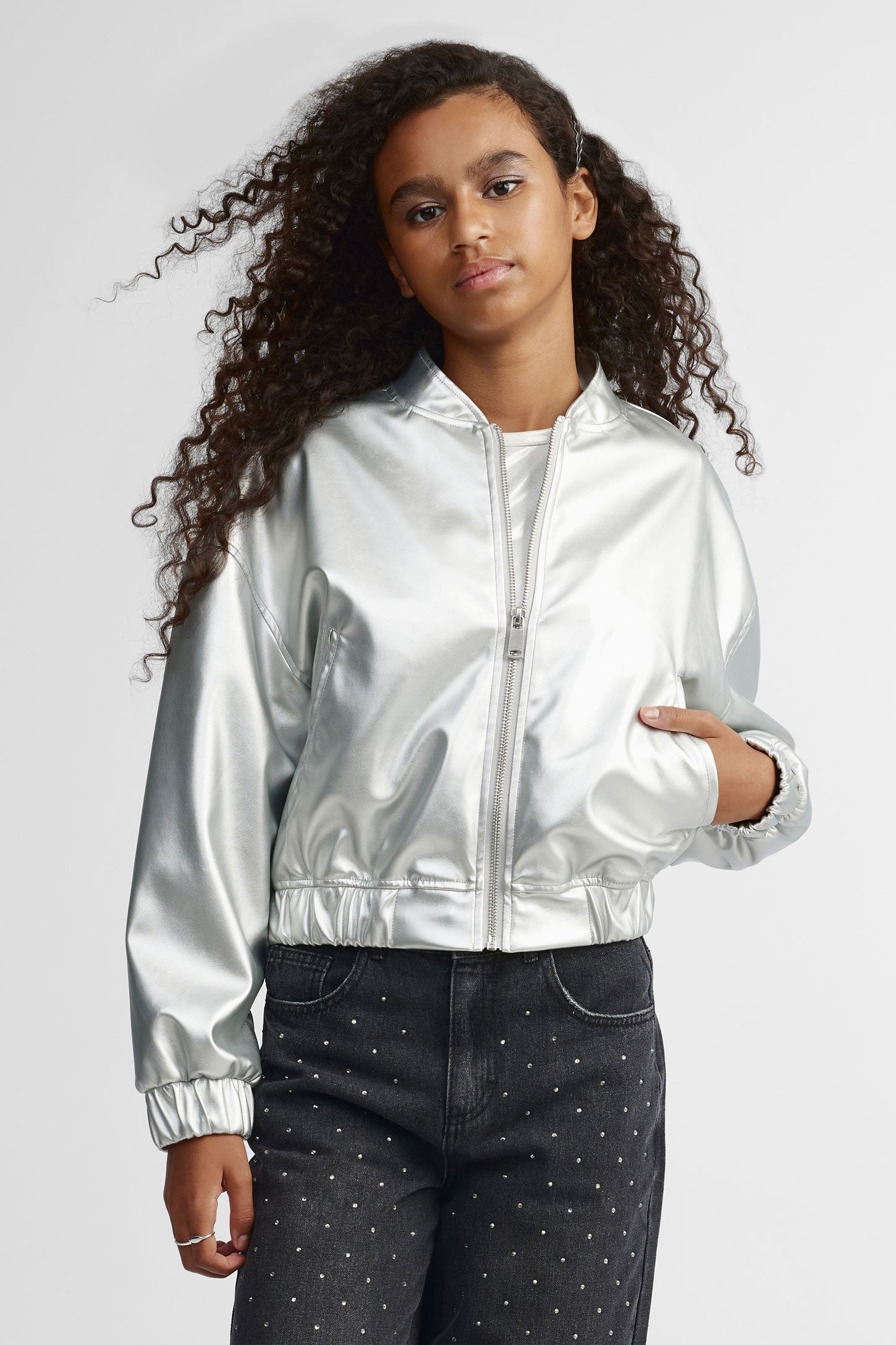 Veste Bomber en cuir végane Ado Fille GRIS ARGENT
