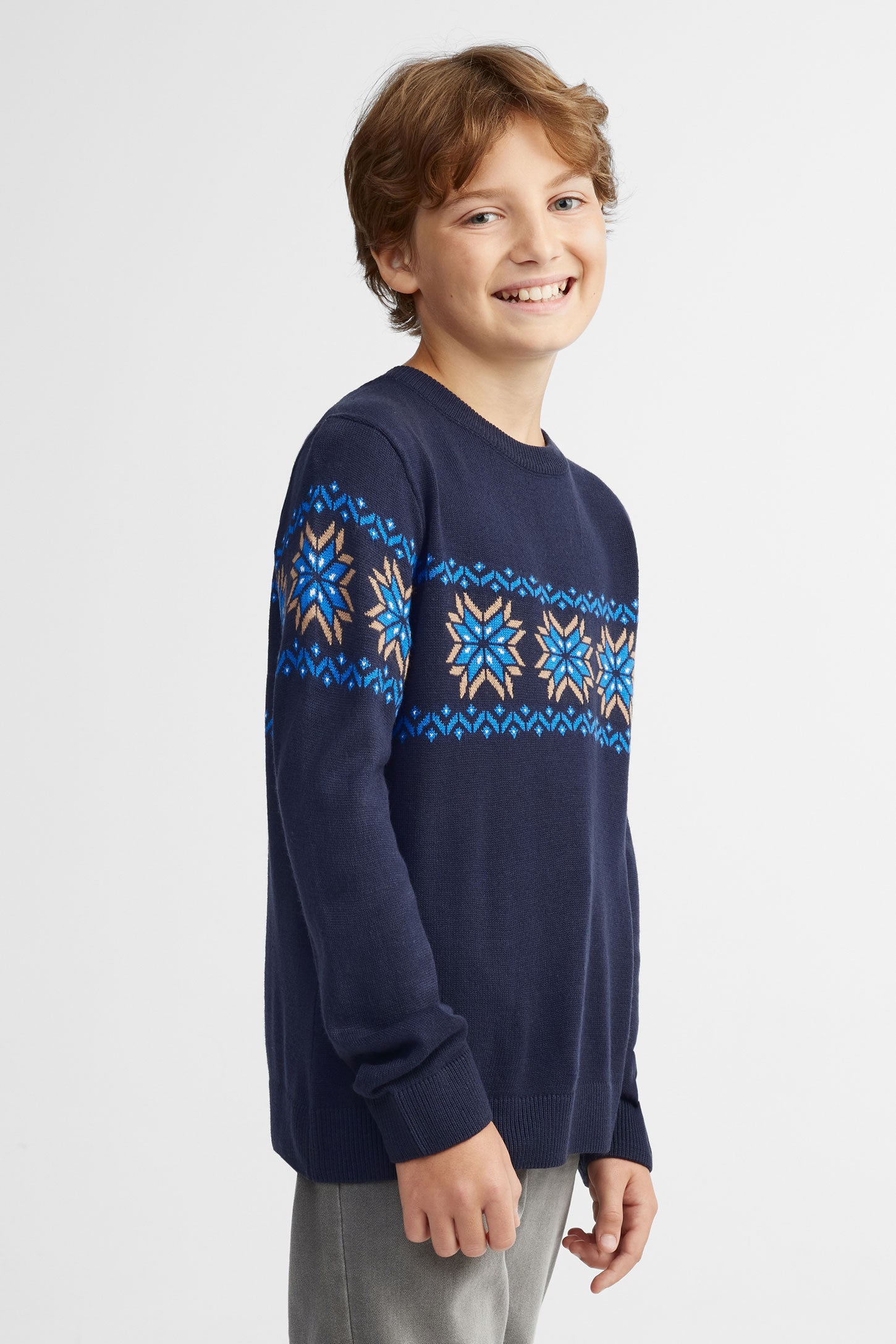 Chandail col rond tricot  - Ado garçon && BLEU MULTI