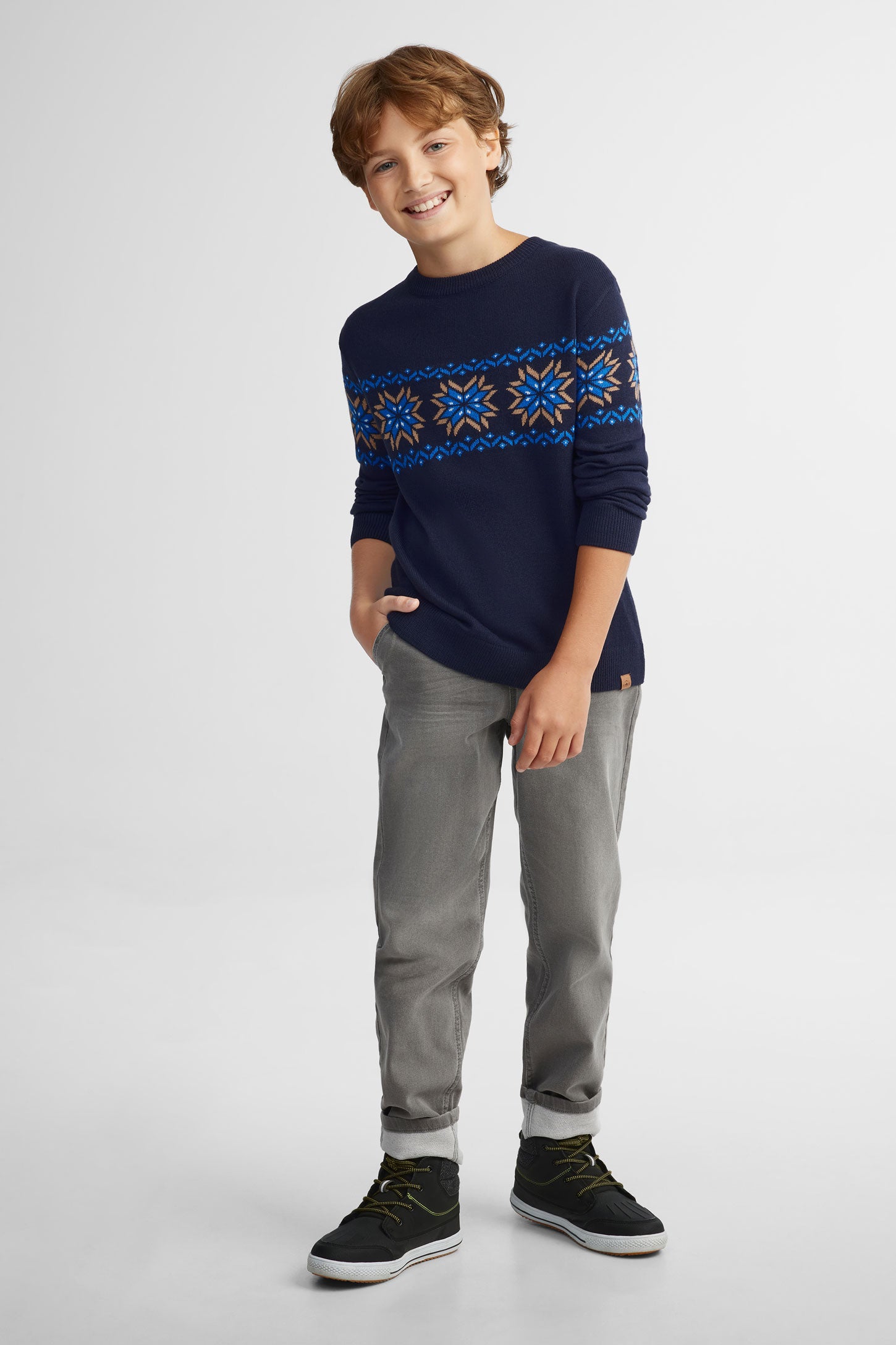 Chandail col rond tricot  - Ado garçon && BLEU MULTI