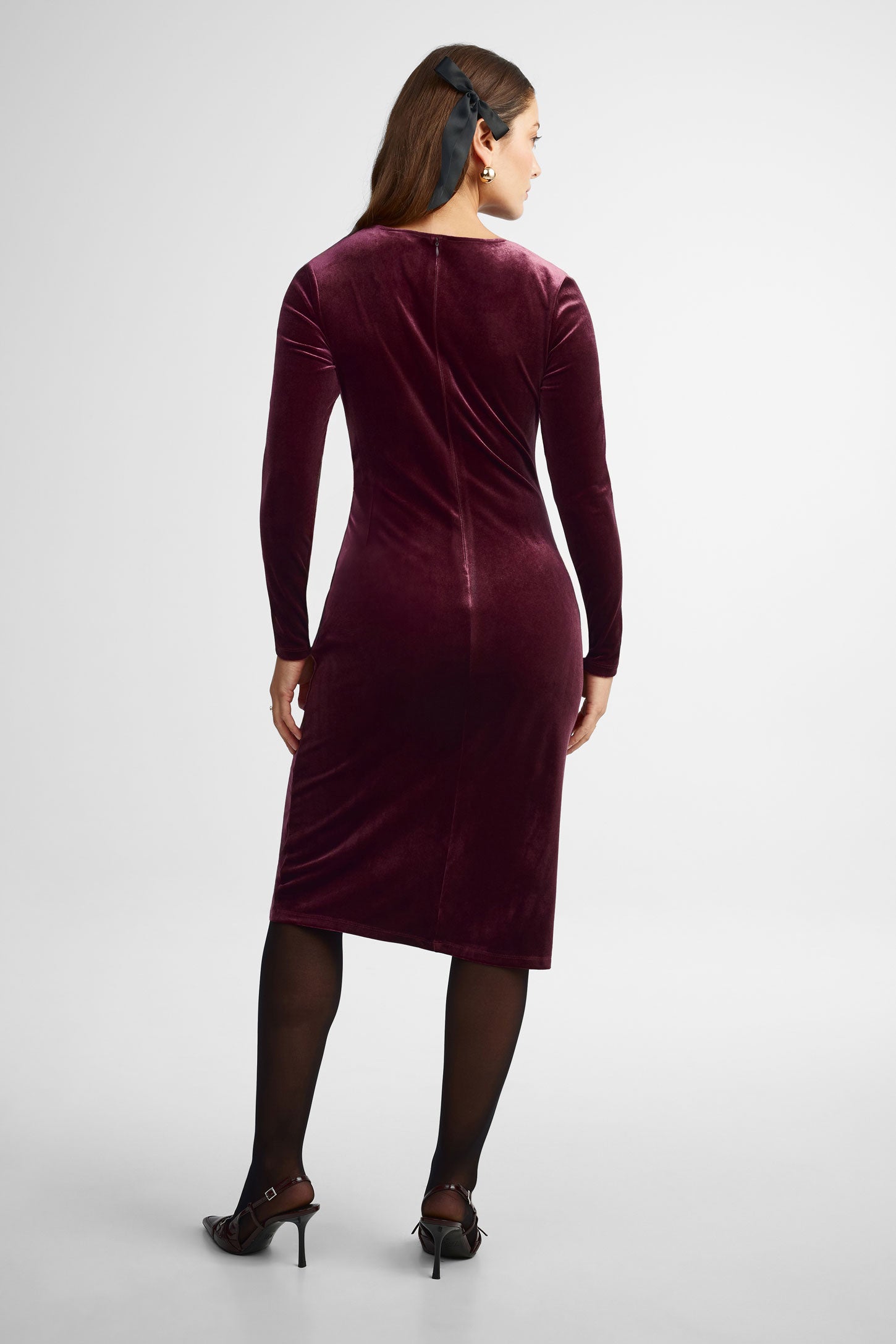 Robe midi manches longue en velours - Femme && BOURGOGNE