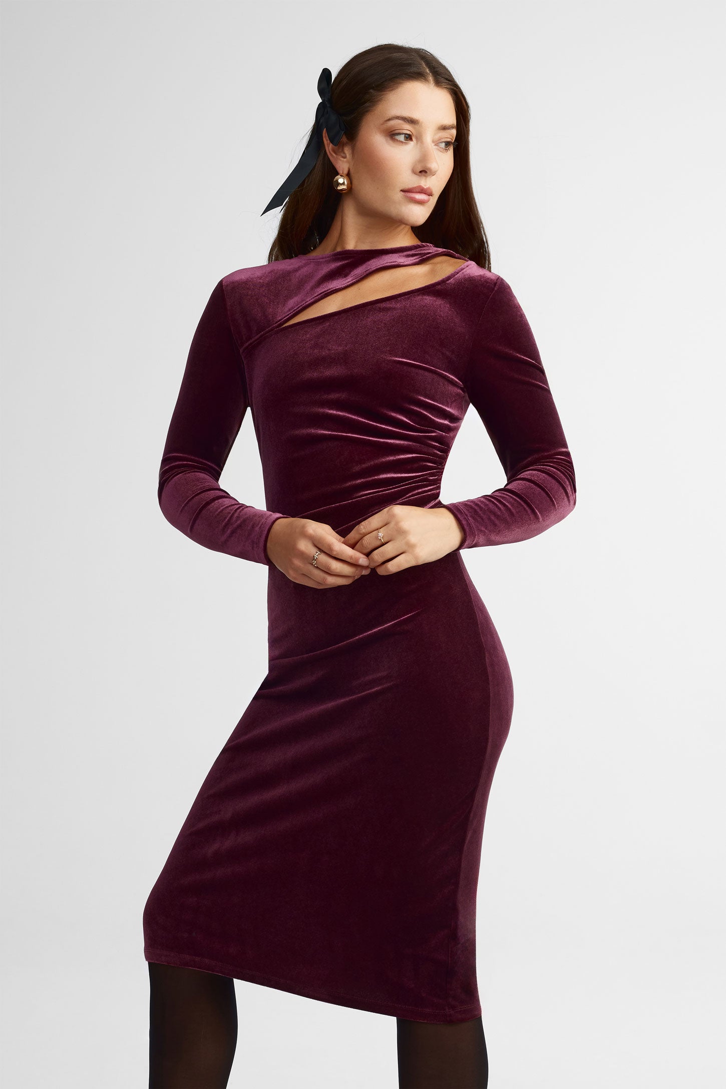 Robe midi manches longue en velours - Femme && BOURGOGNE