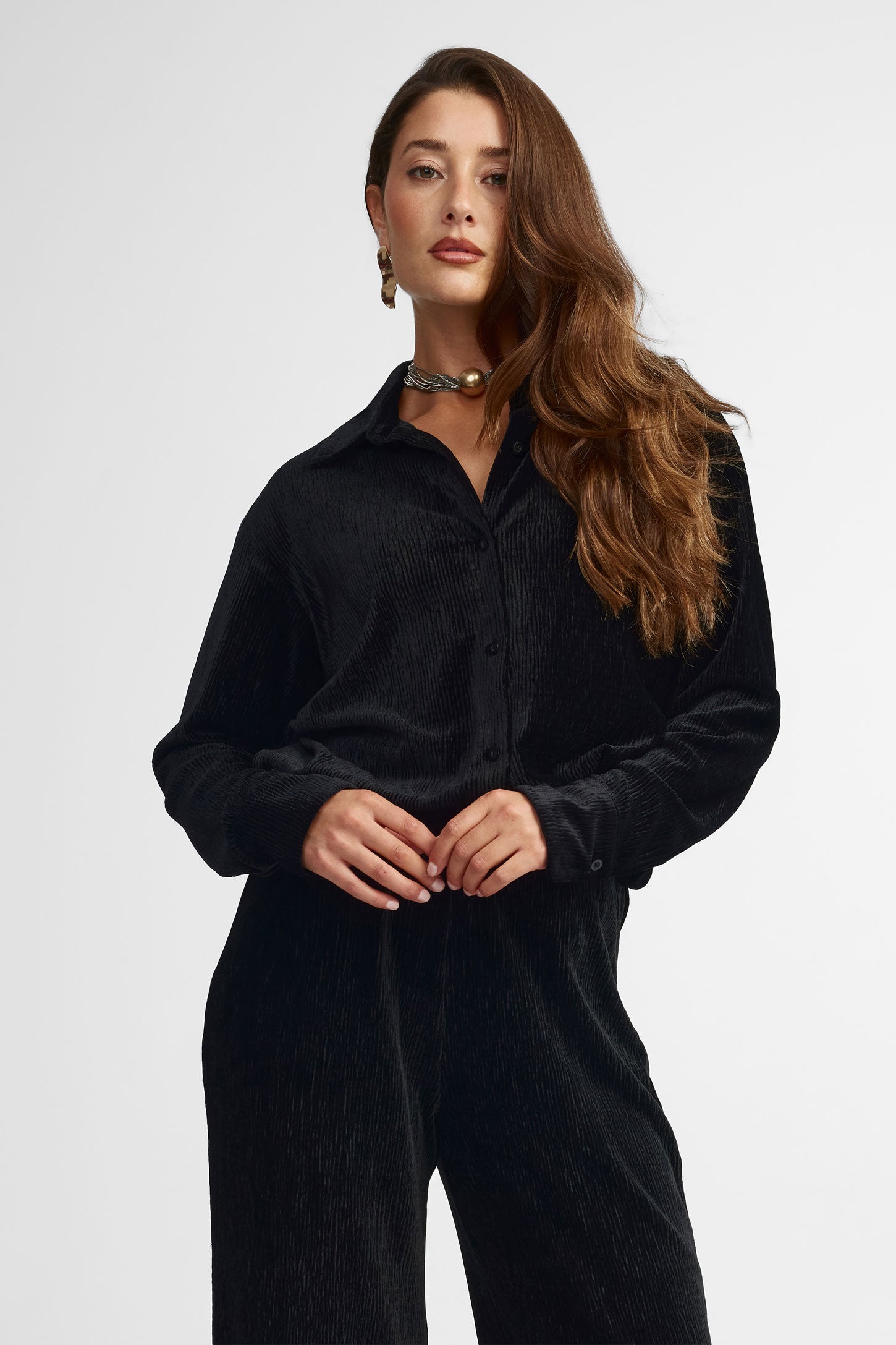 Chemise en velours coupe ample - Femme && NOIR