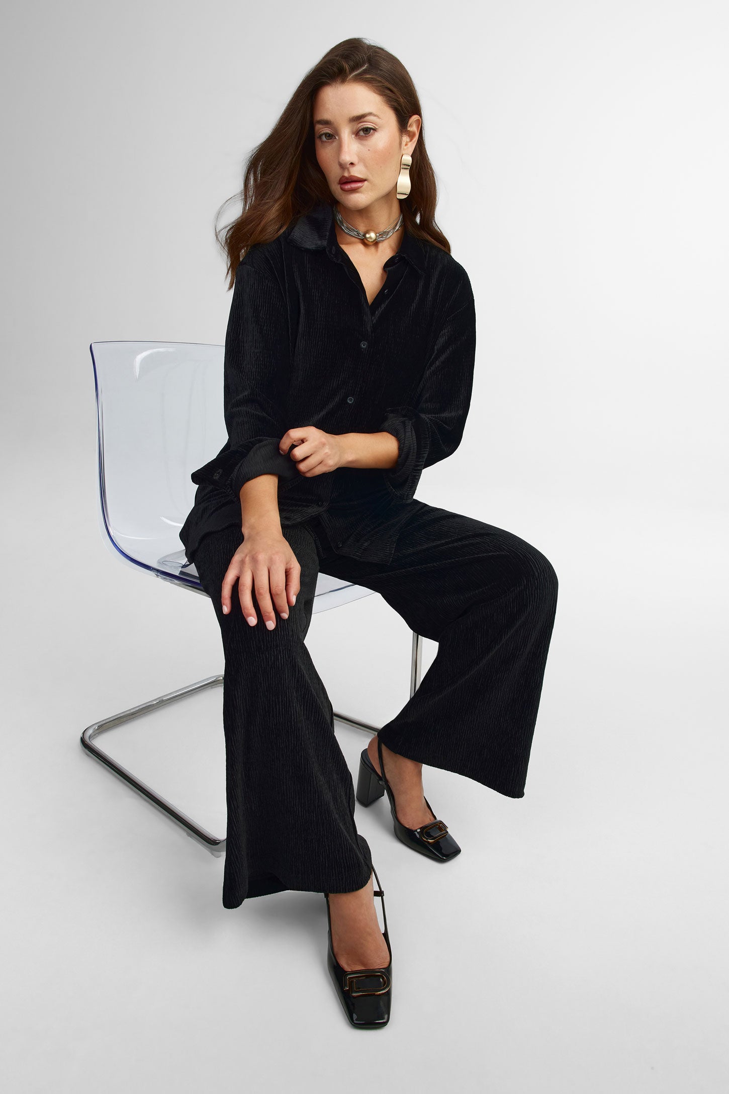 Chemise en velours coupe ample - Femme && NOIR