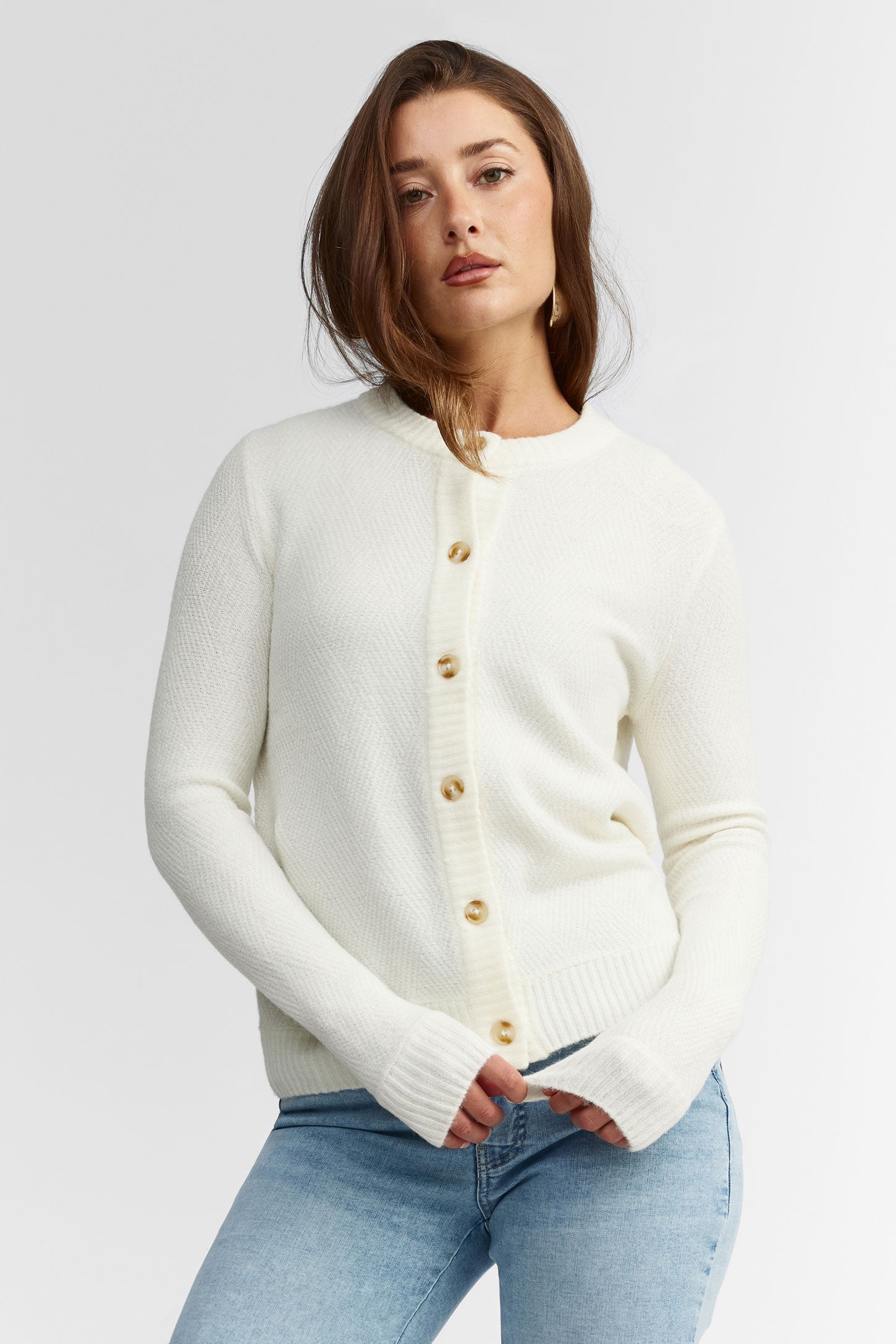 Cardigan Femme Classique à Col Rond Et Boutonnage Devant - Tricot Ouvert, Polyester, Pour Automne/hiver - 8