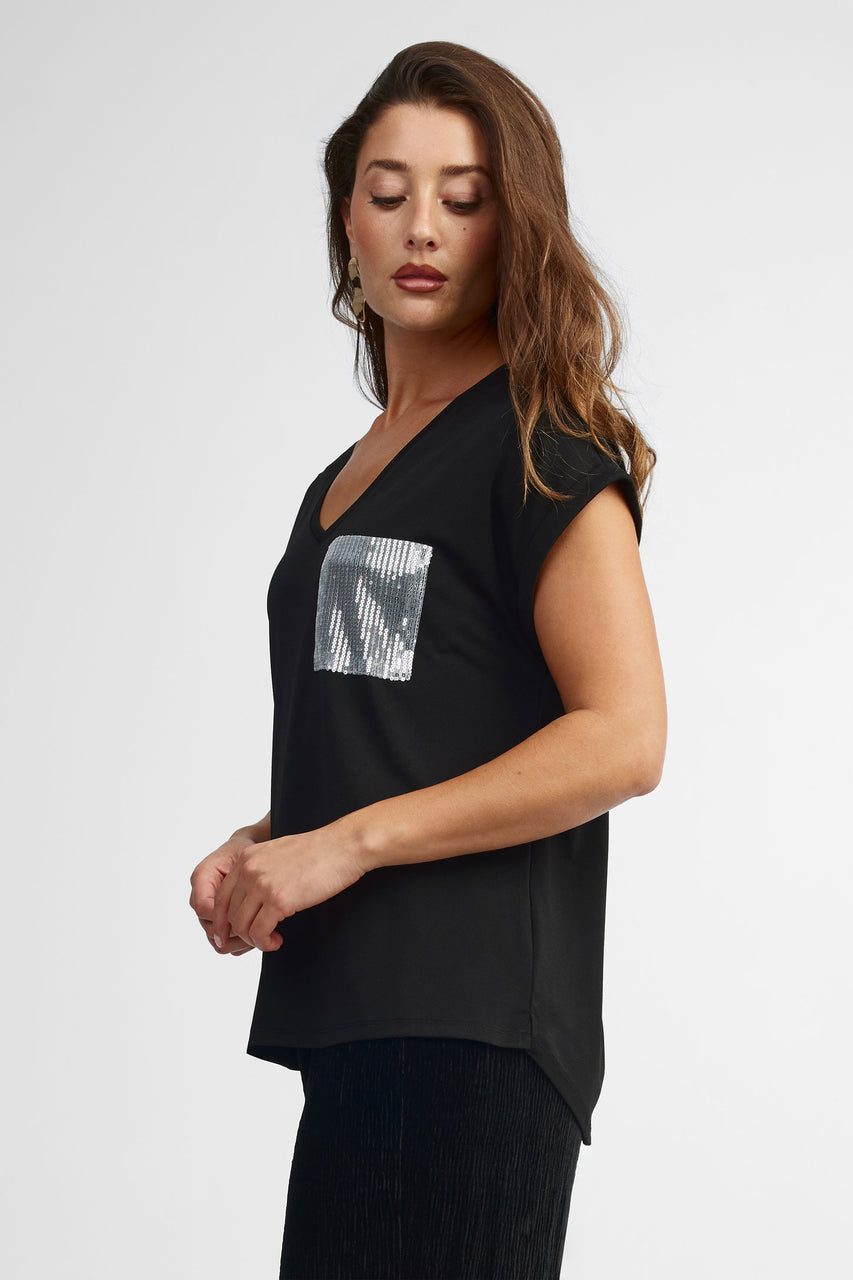 Sequined pocket V-neck t-shirt Women - Main Image