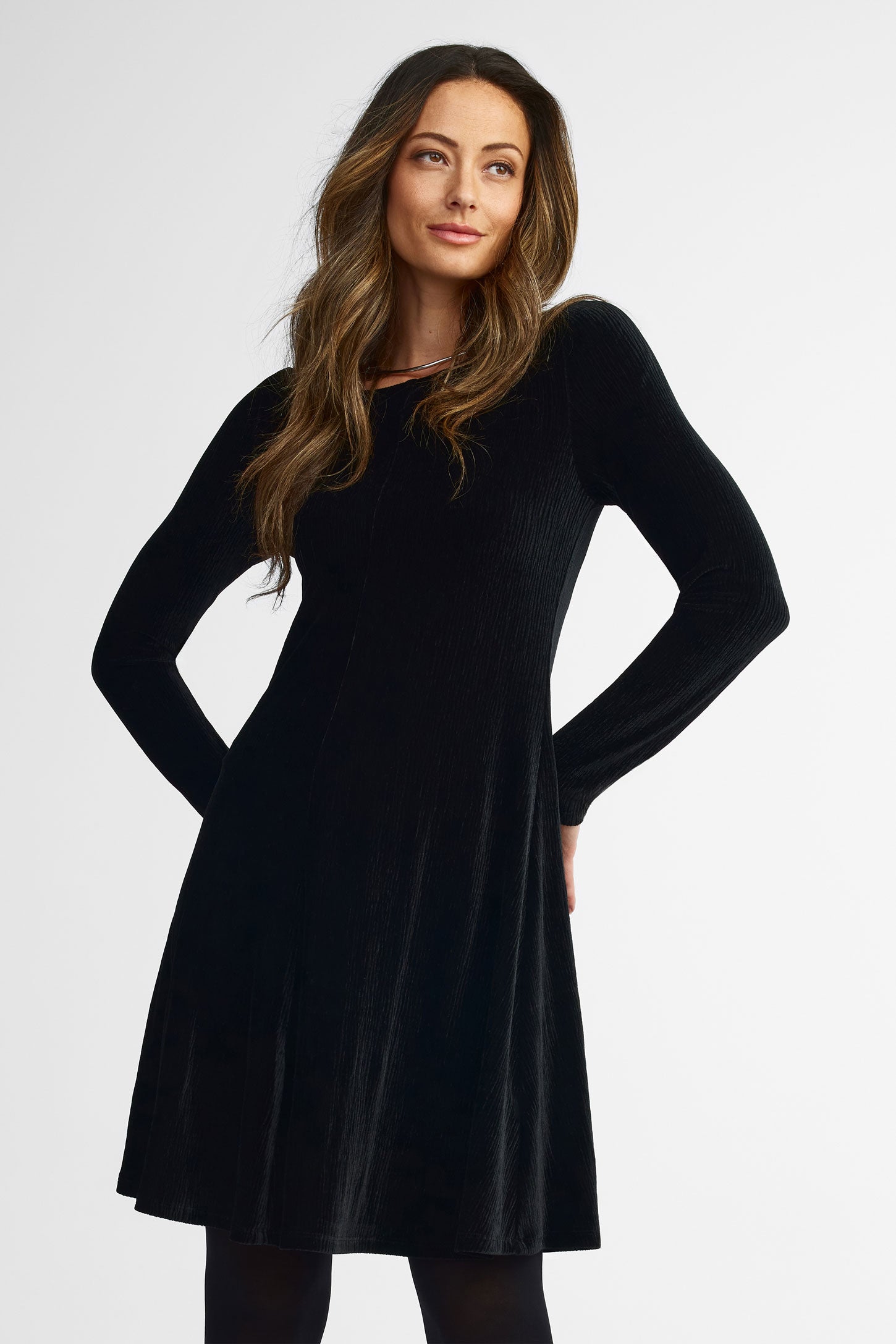 Robe patineuse manches longues en velours - Femme && NOIR