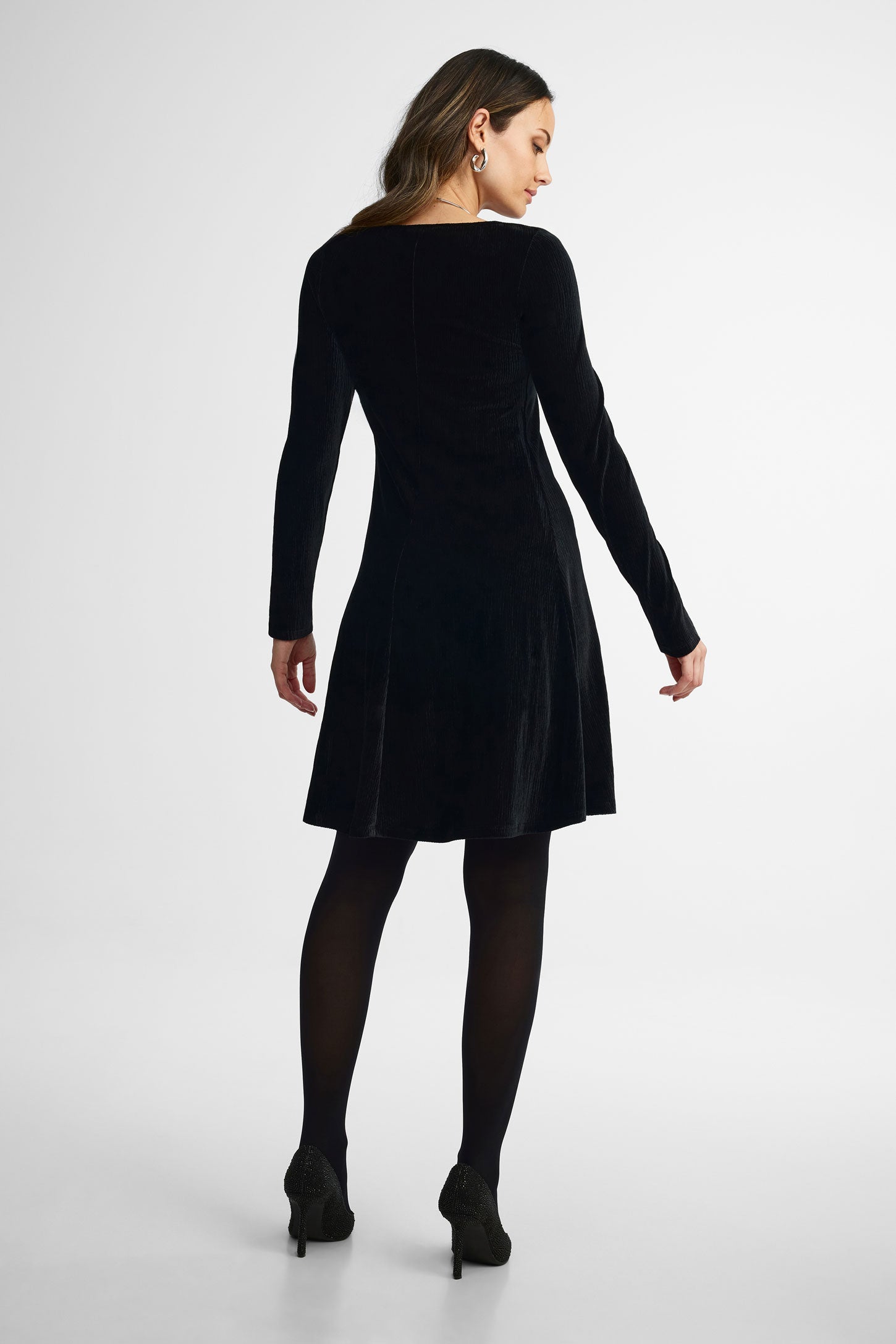 Robe patineuse manches longues en velours - Femme && NOIR