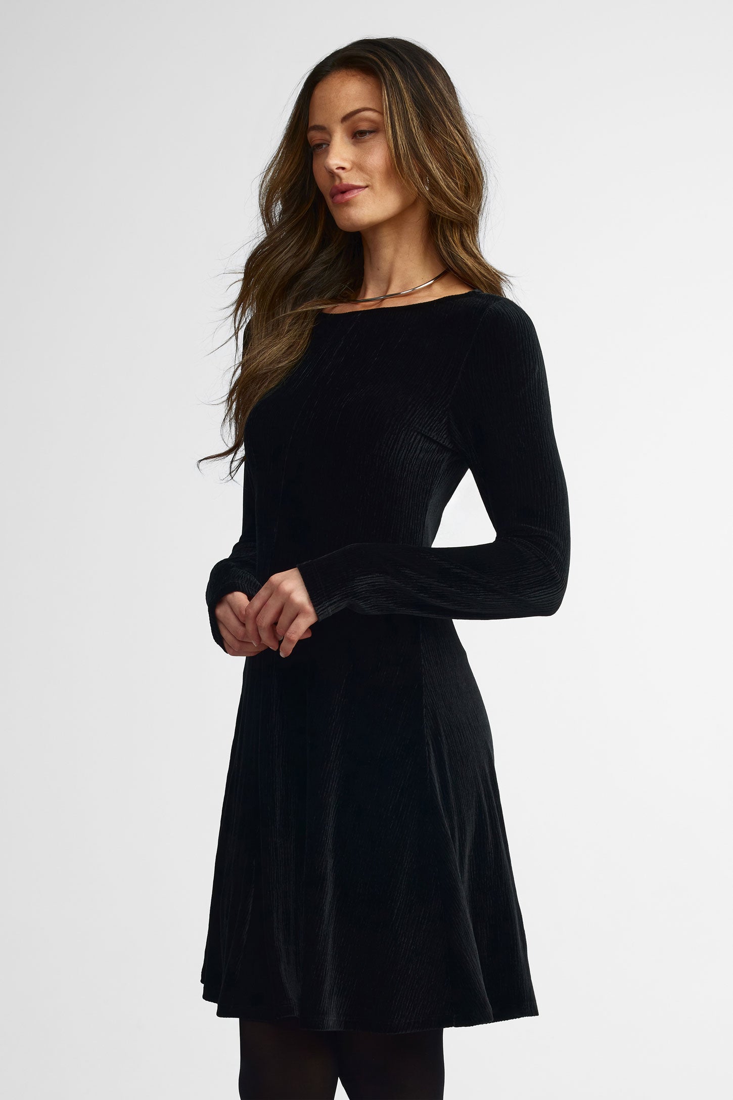 Robe patineuse manches longues en velours - Femme && NOIR