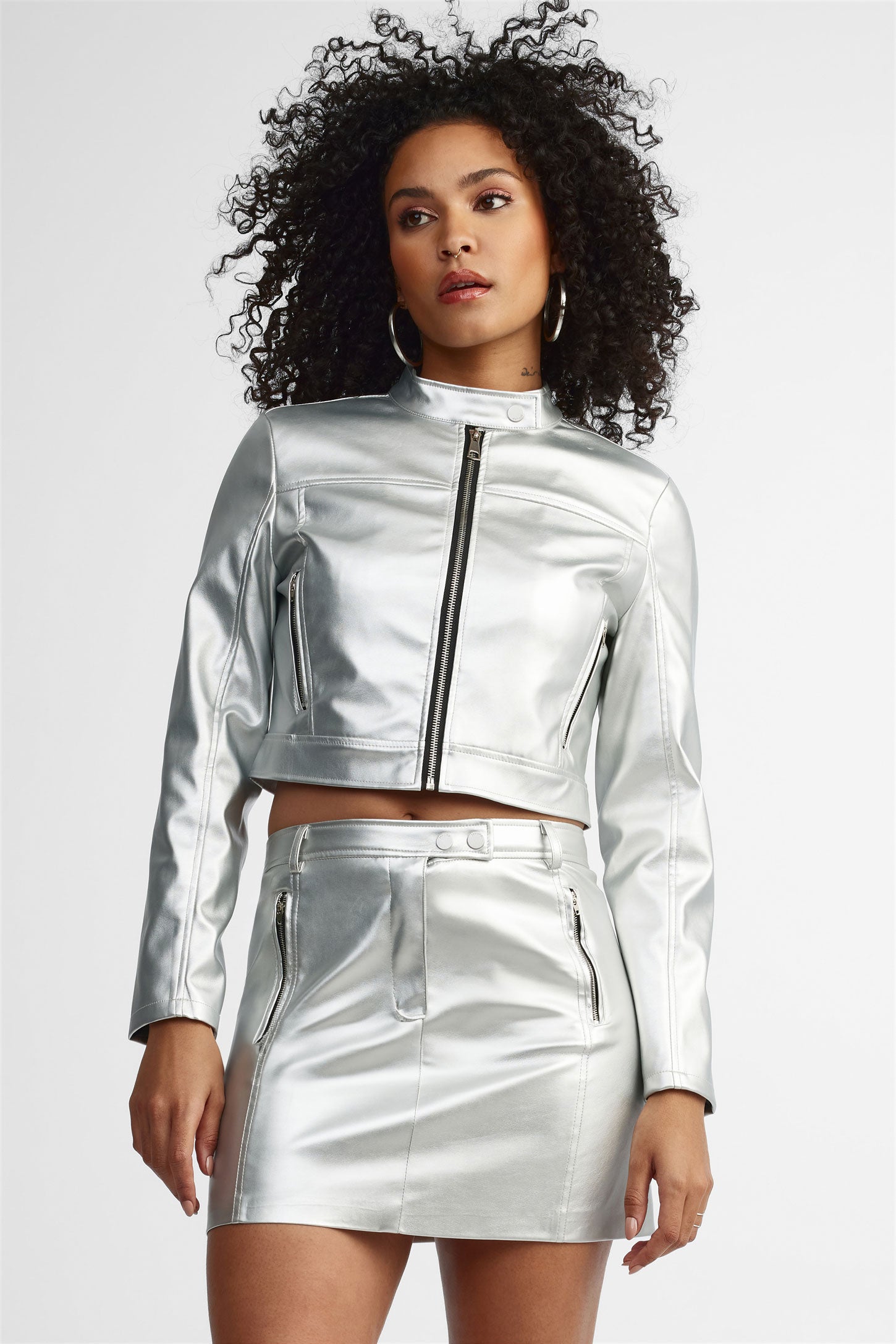 Metallic faux leather jacket hotsell