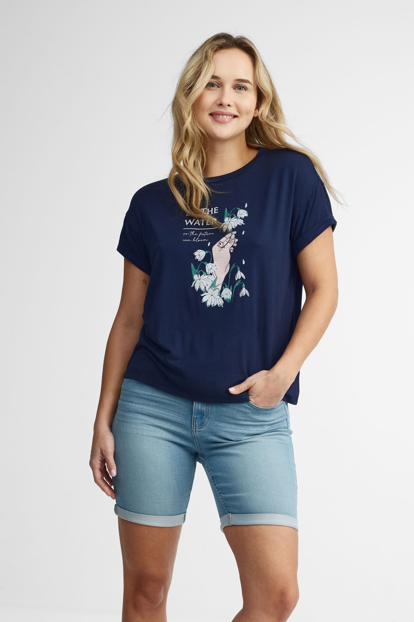 T-shirt col rond coupe ample - Femme && BLEU MARINE MUL