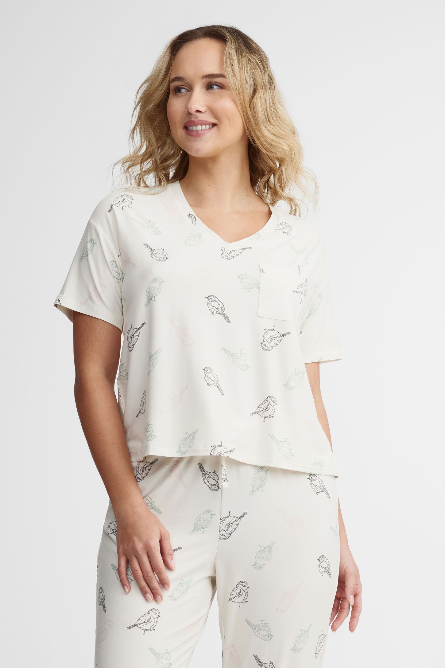 T-shirt pyjama col en V en moss - Femme && GRIS MULTI