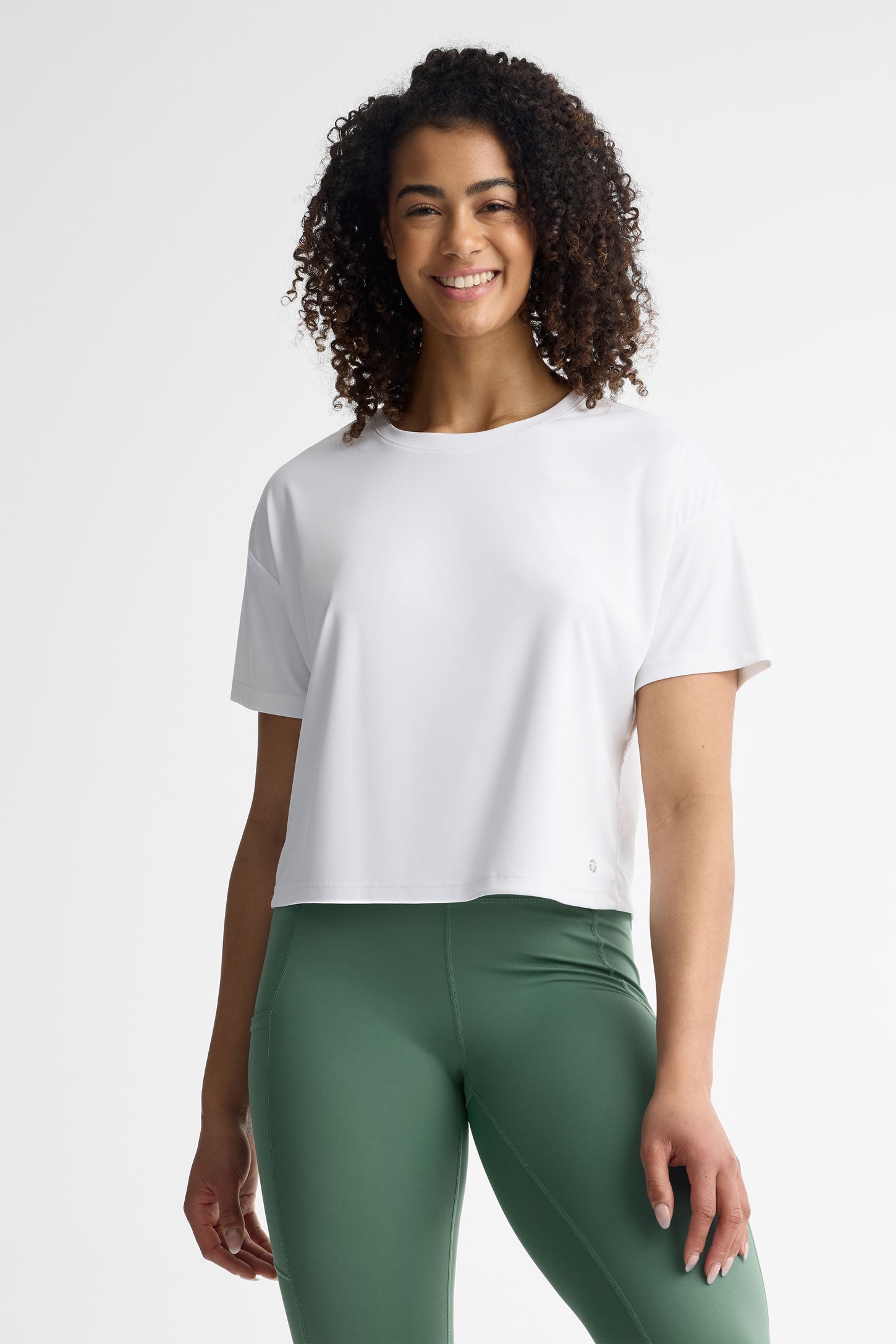 T-shirt col rond coupe écourtée athlétique - Femme && BLANC