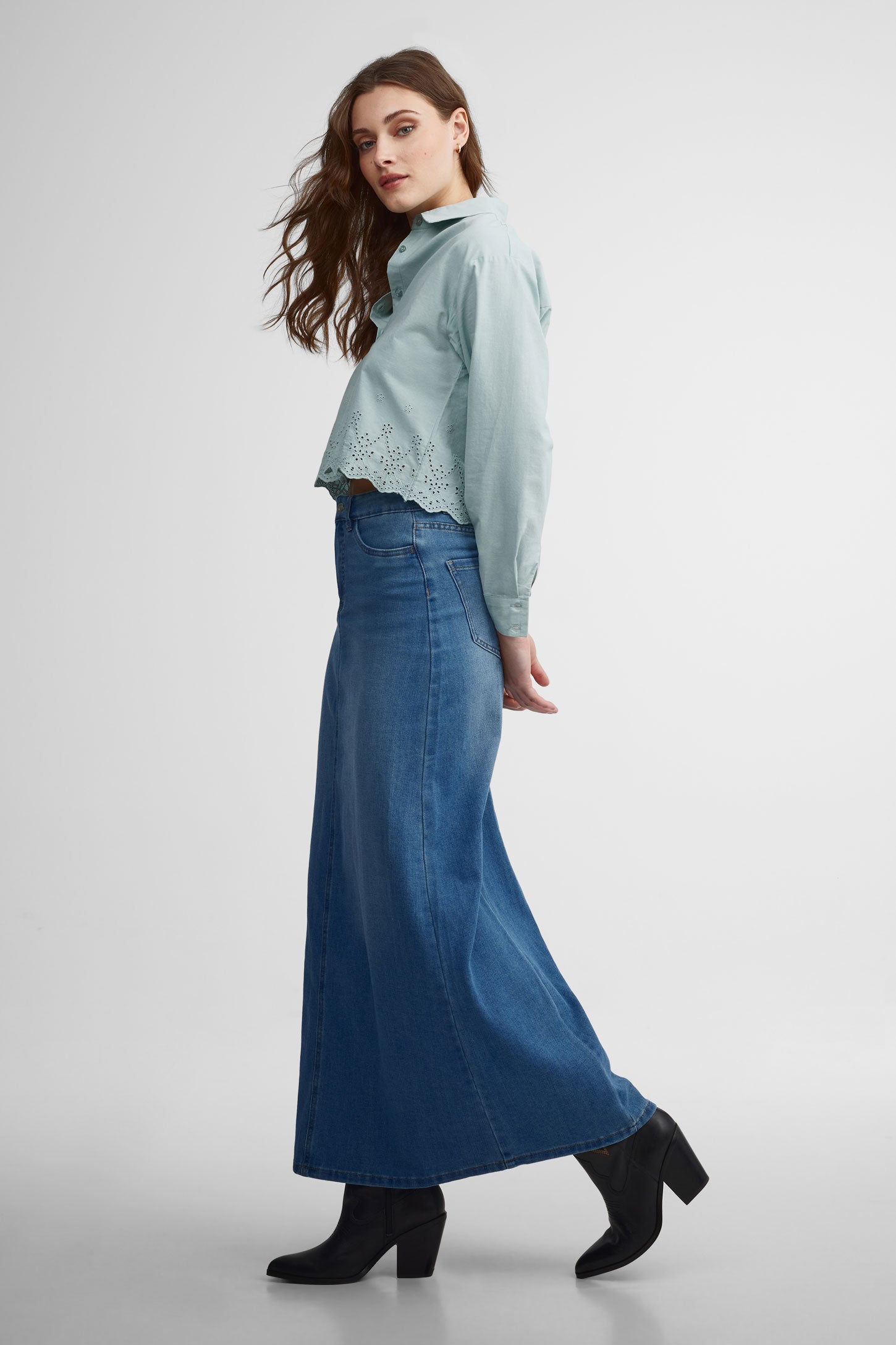 Jupe maxi en jeans taille haute - Femme && DENIM MOYEN