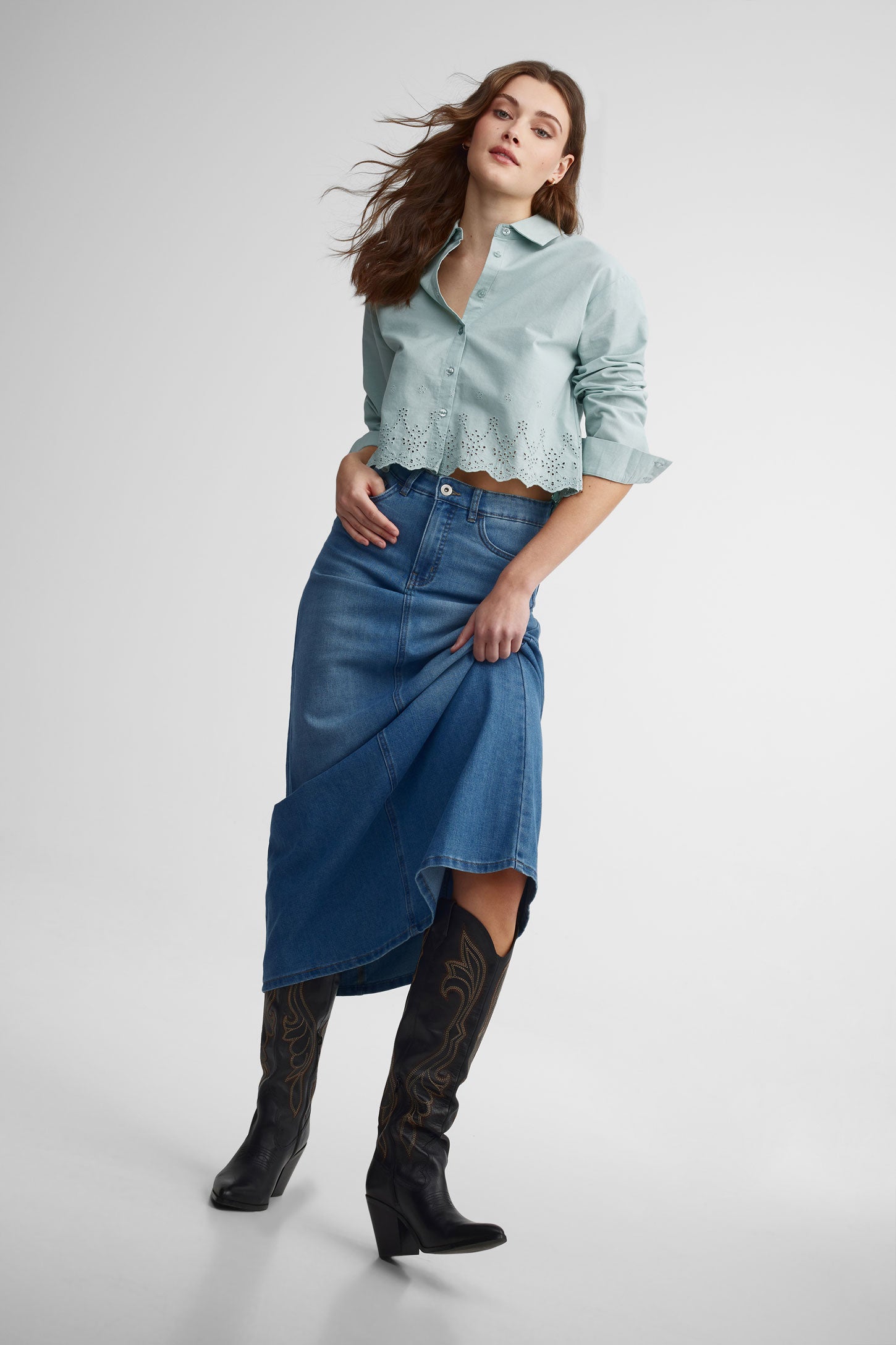 Jupe maxi en jeans taille haute - Femme && DENIM MOYEN