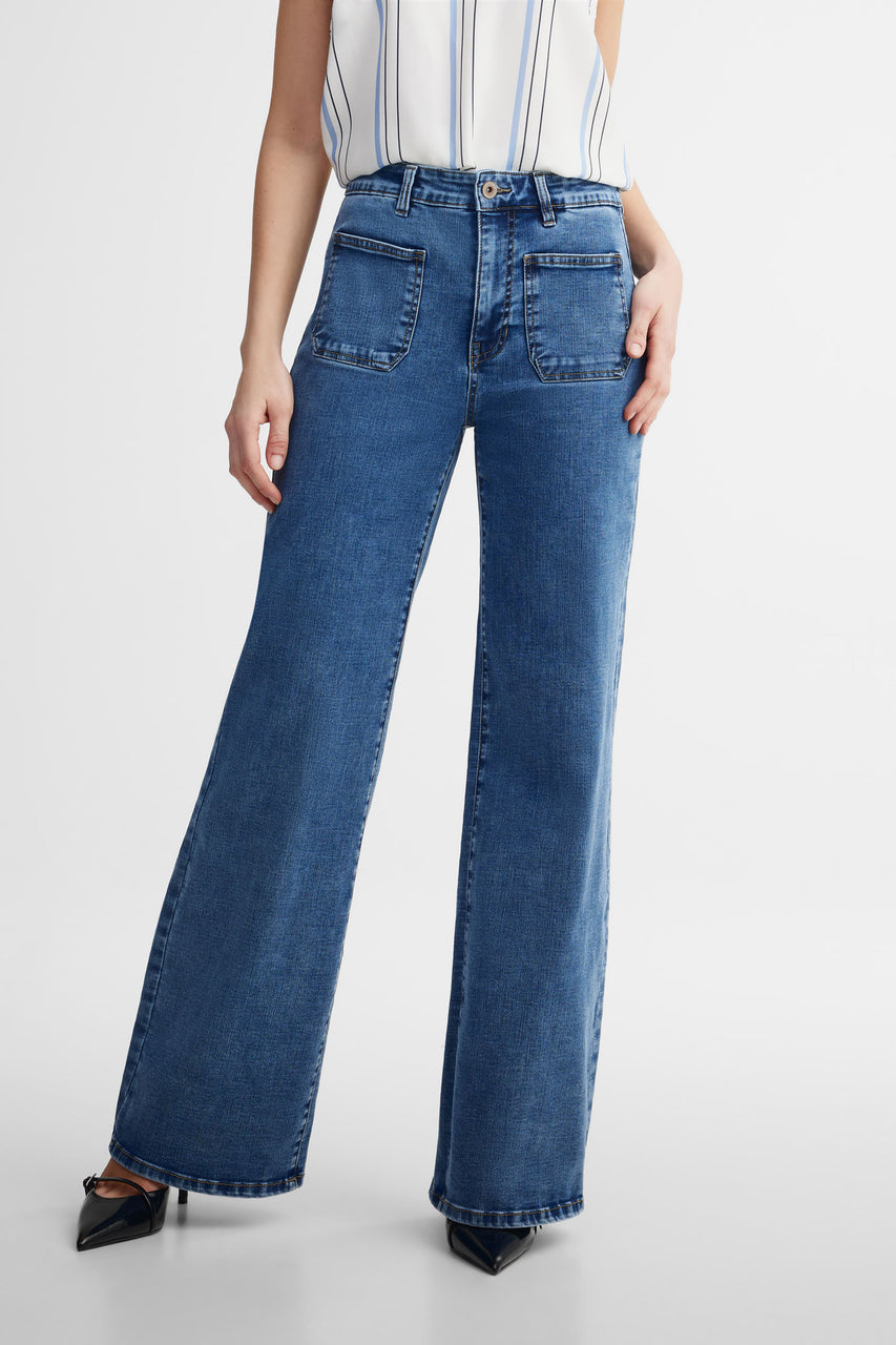 Jeans taille haute jambe large - Femme && DENIM MOYEN