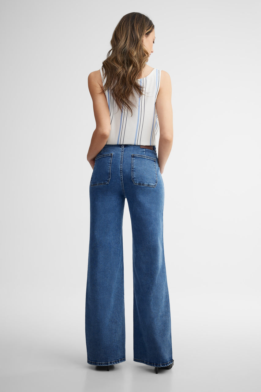 Jeans taille haute jambe large - Femme && DENIM MOYEN