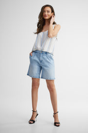 Short taille haute à plis en jeans - Femme && DENIM PALE