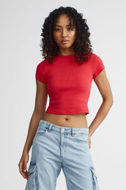 T-shirt col rond écourté - Femme && ROUGE