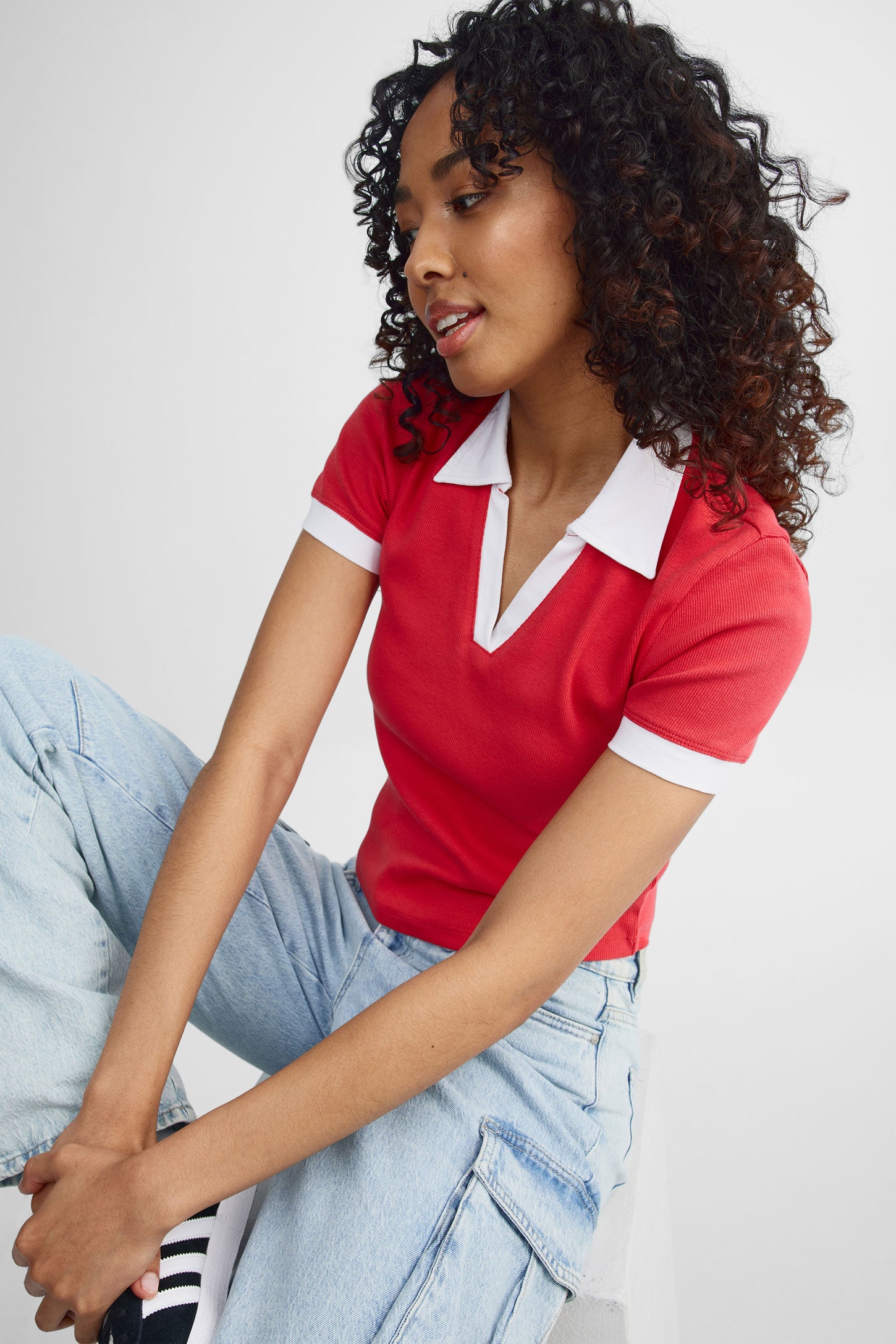 Polo manches courtes coupe écourtée - Femme && ROUGE