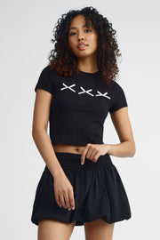 T-shirt col rond écourté avec boucles - Femme && NOIR