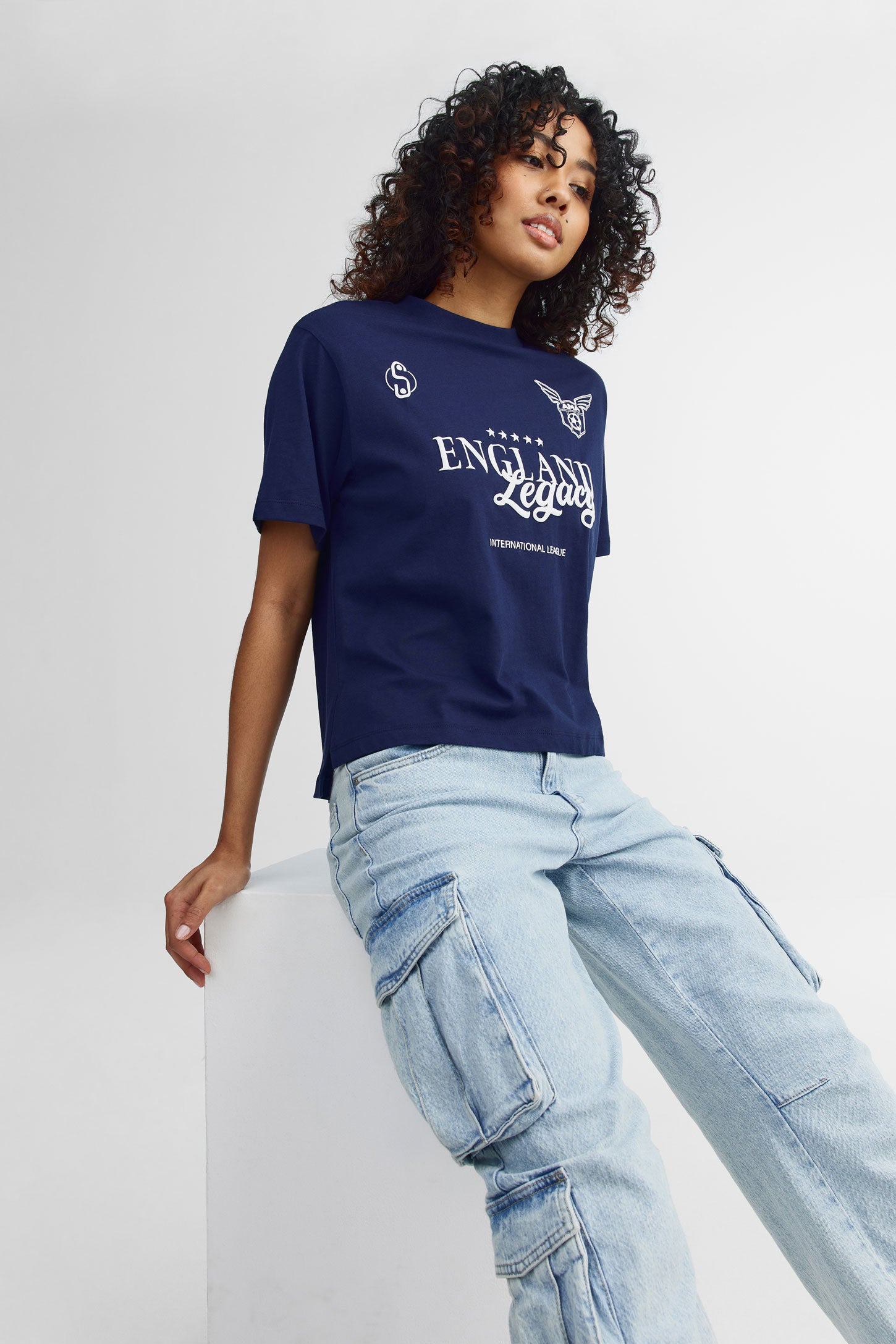 T-shirt col rond coupe ample - Femme && BLEU MARINE MUL